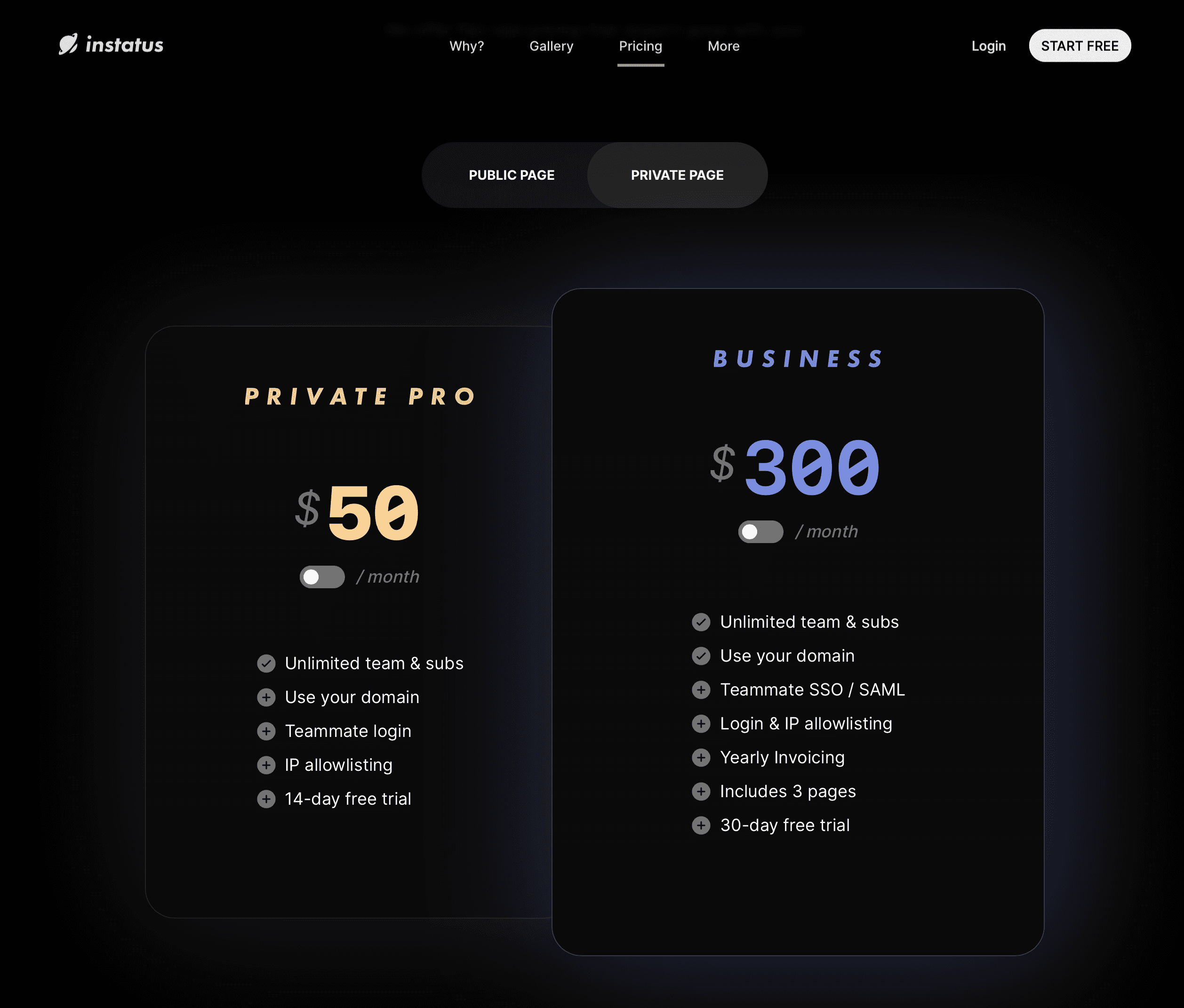 Instatus private page pricing