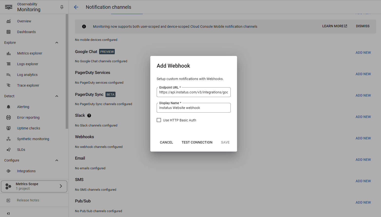 Google Cloud Monitoring webhook