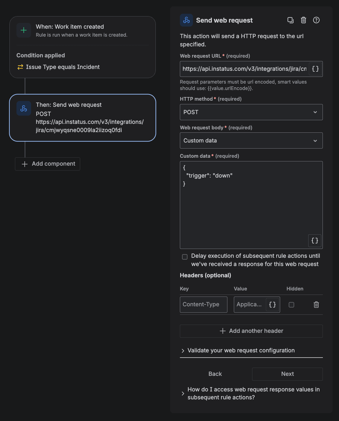 Jira Send web request action with POST method