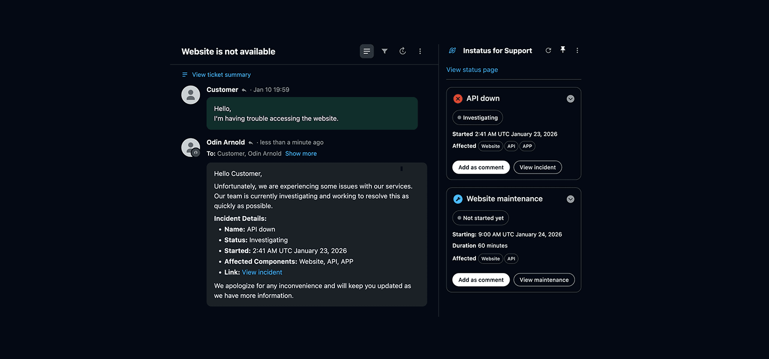Zendesk ticket view showing Instatus app with current incidents and maintenances displayed