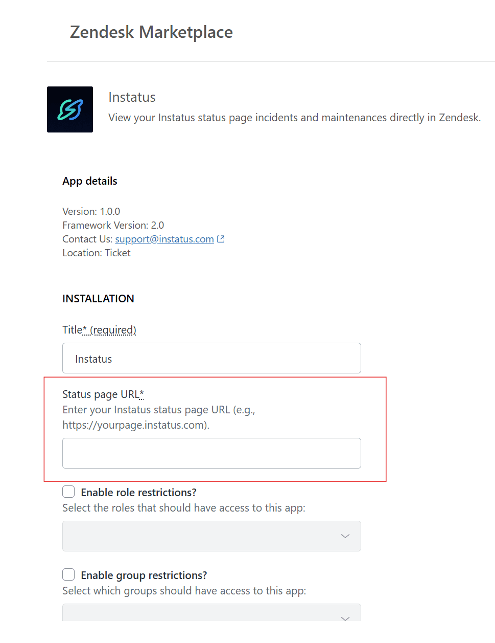 Instatus app installation page in Zendesk Marketplace showing Status page URL configuration field
