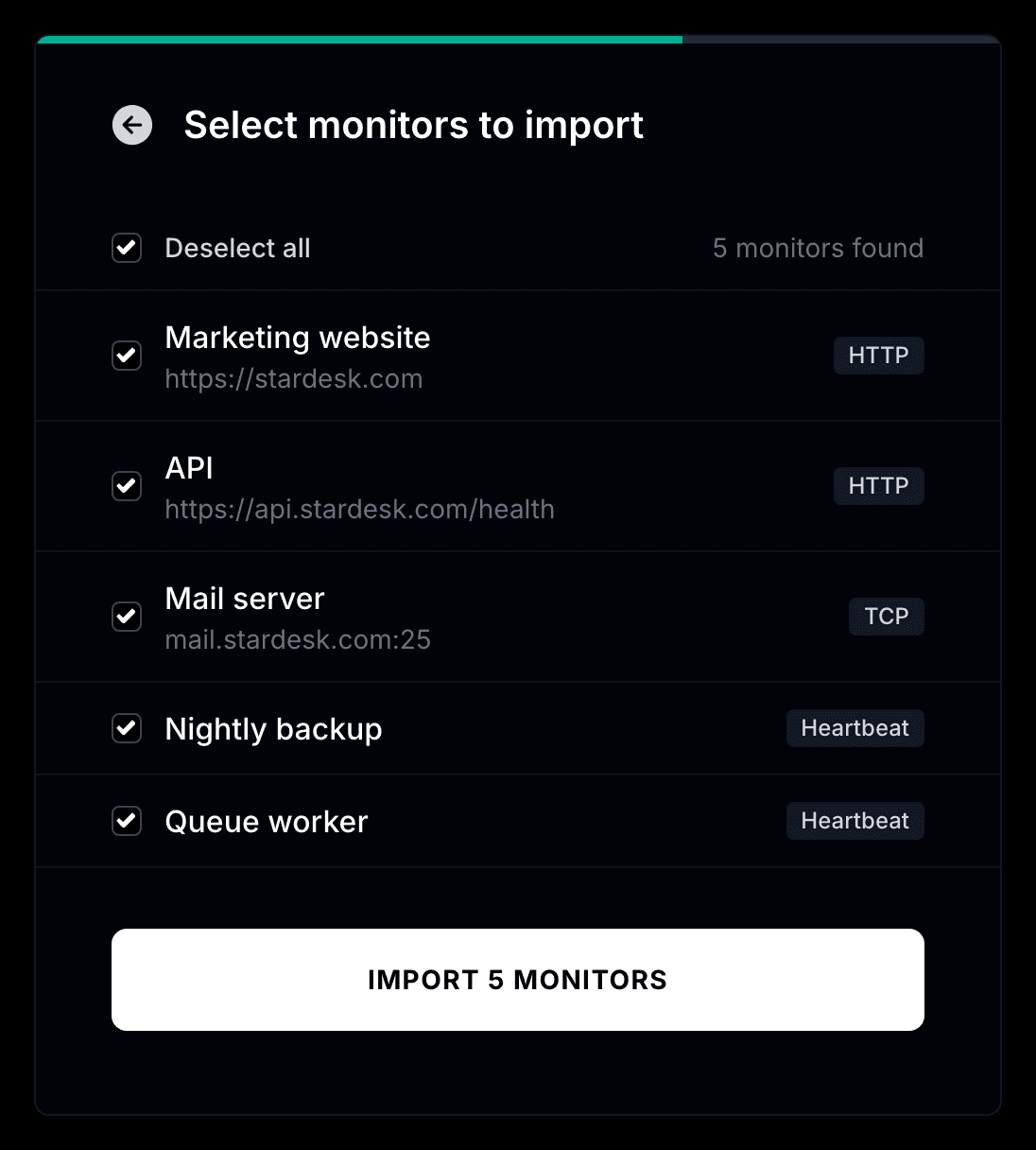 Selecting Better Stack monitors and heartbeats to import