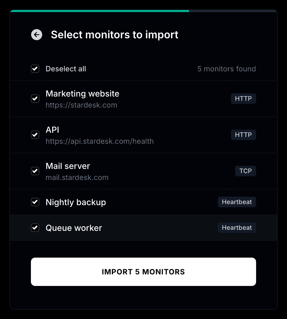 Selecting Oh Dear monitors and cron checks to import