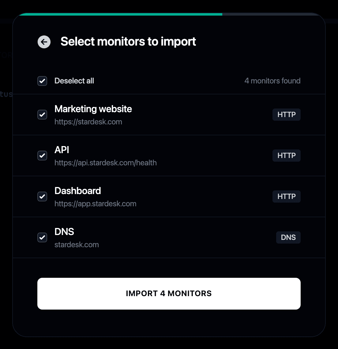 Selecting UptimeRobot monitors to import