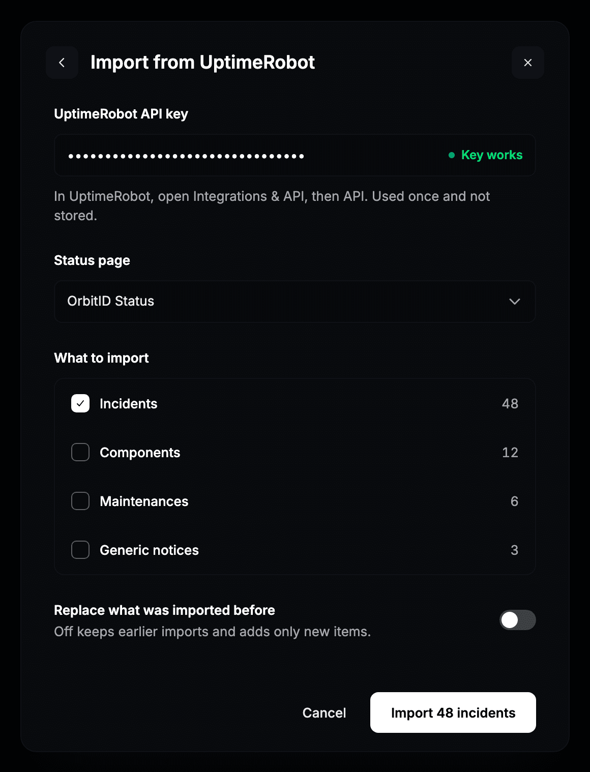 Choosing what to import from UptimeRobot