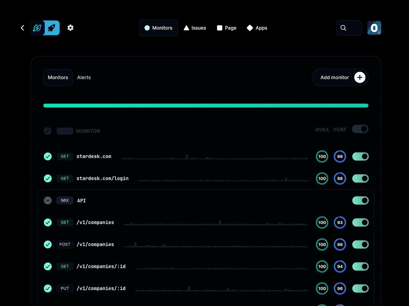Instatus status page dashboard