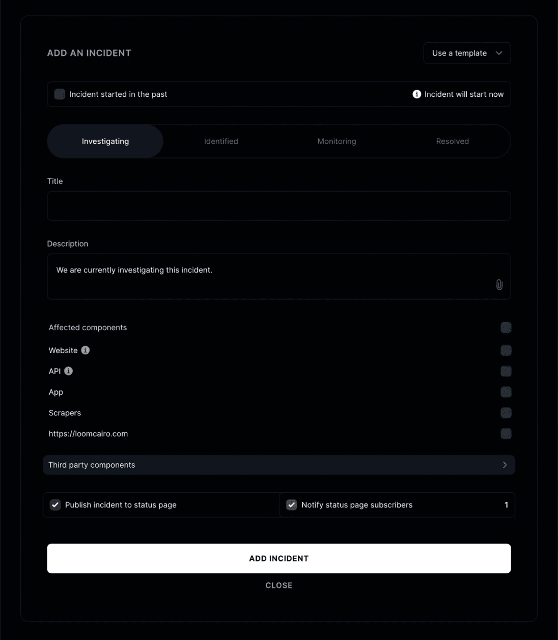 Instatus incident management dashboard for posting updates
