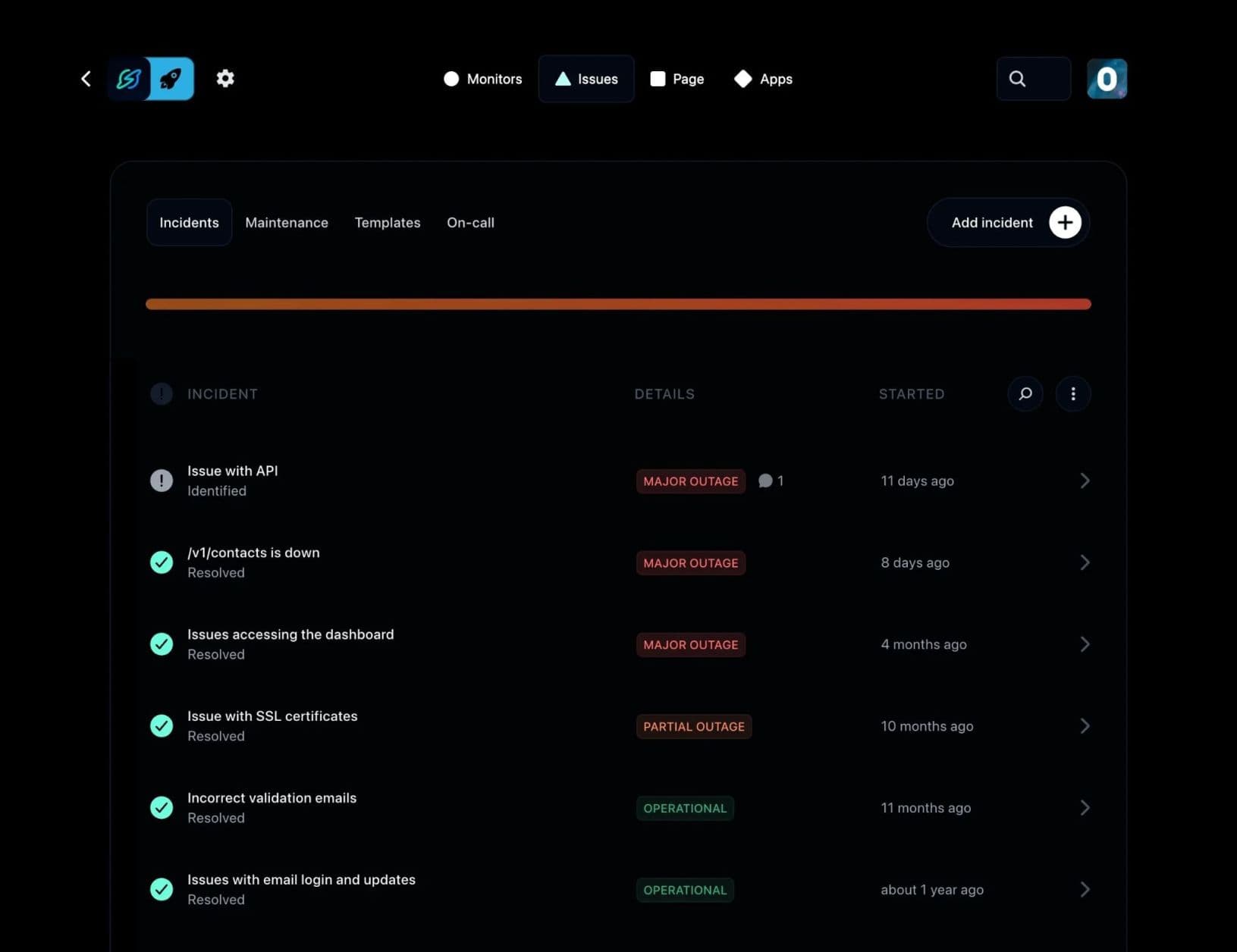 Instatus status page dashboard
