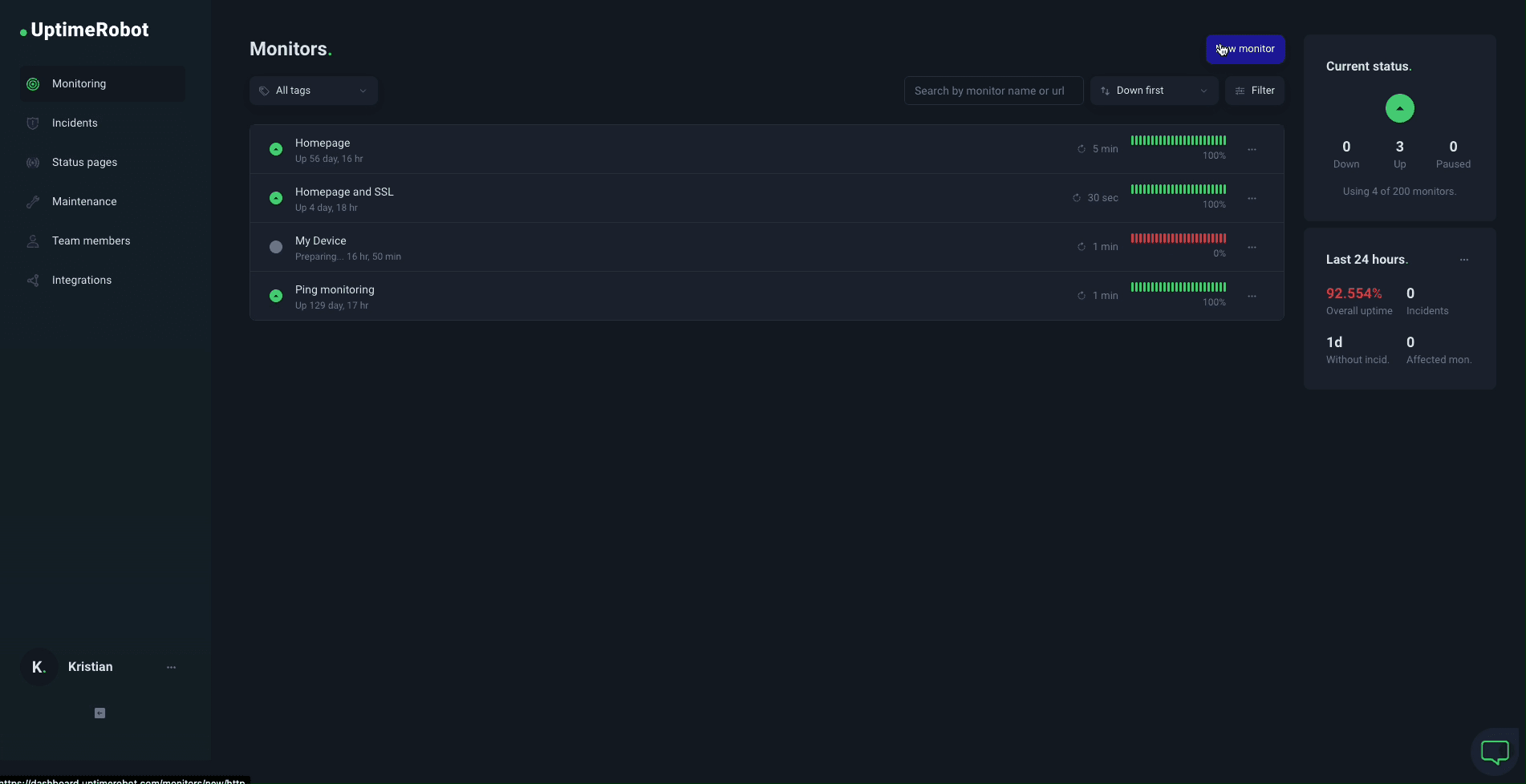 UptimeRobot homepage