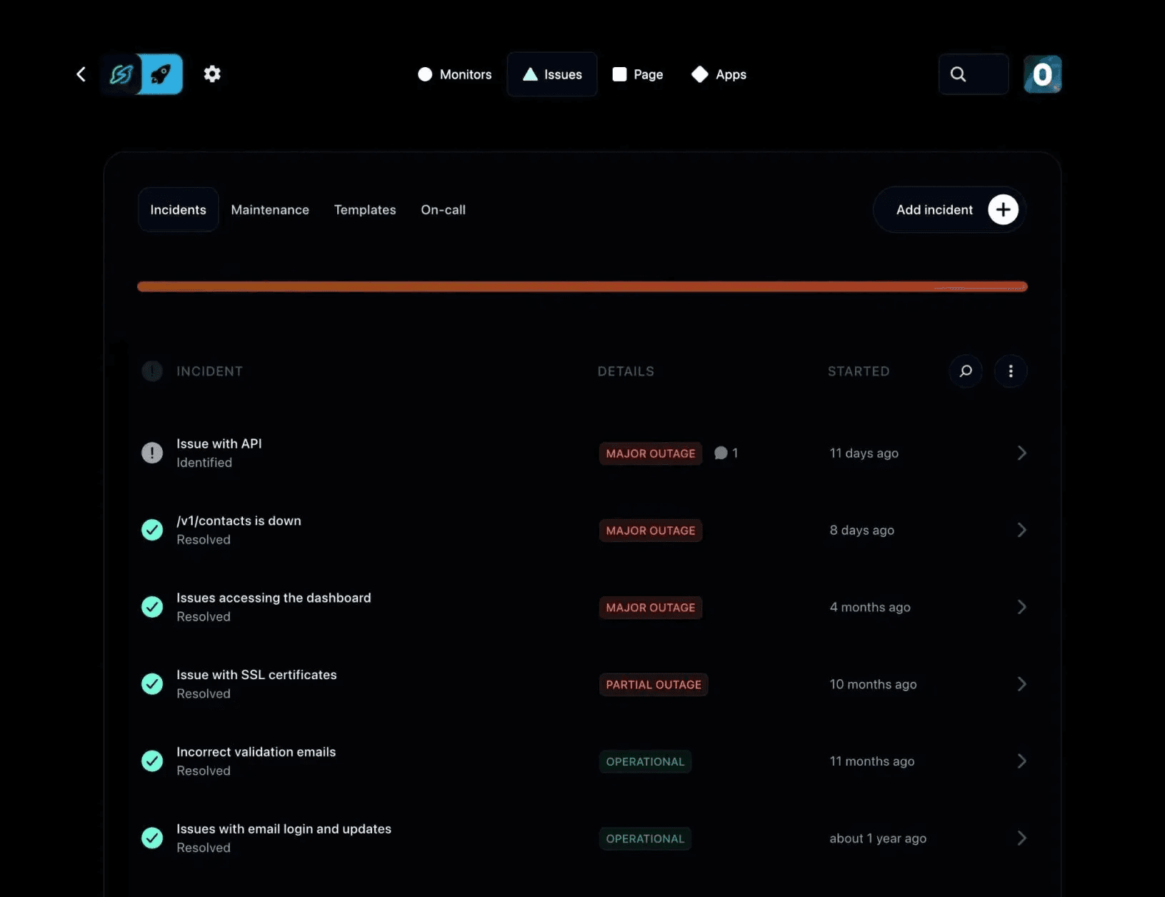 Instatus status page dashboard