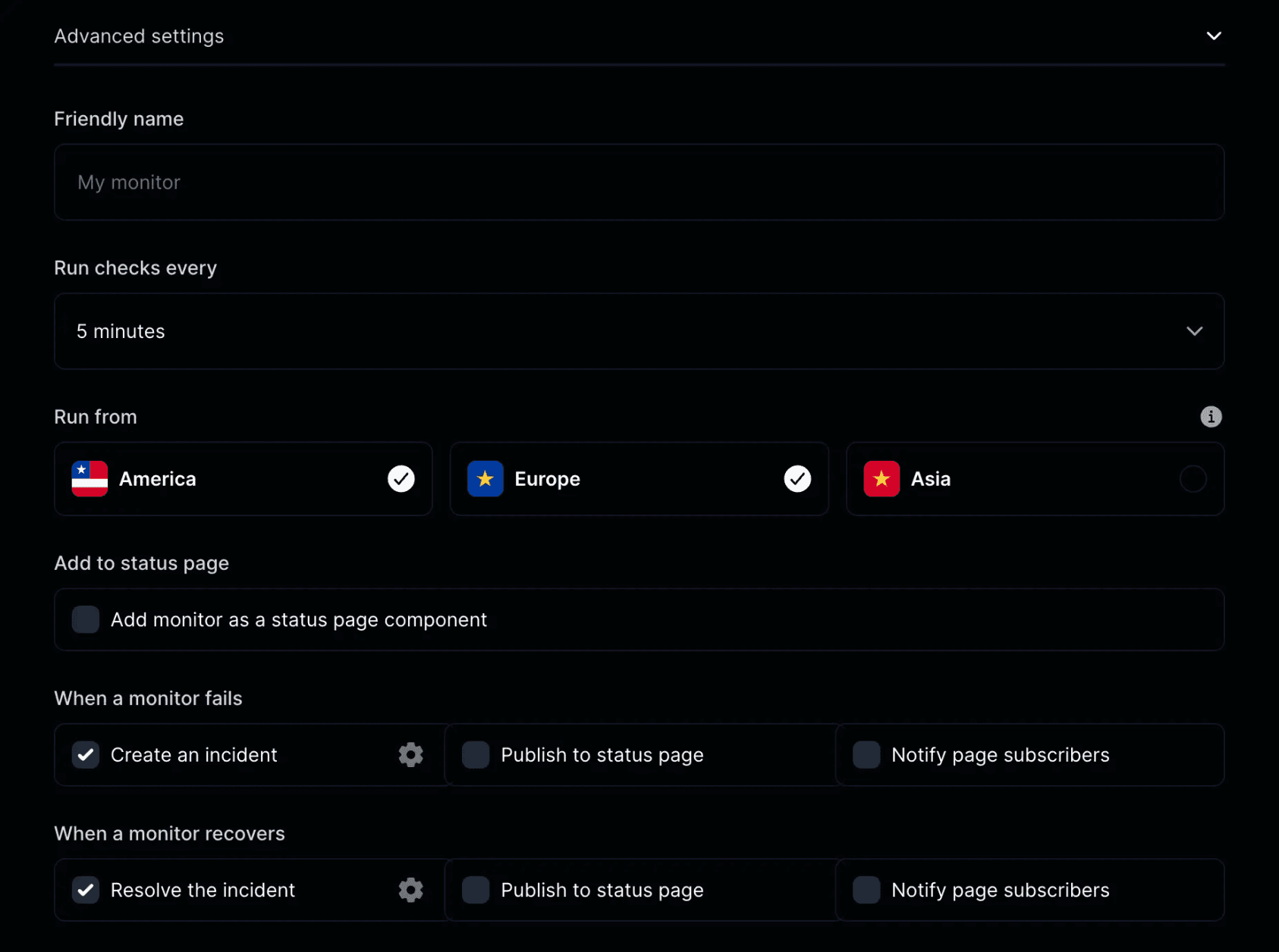 Instatus monitor locations and frequency settings