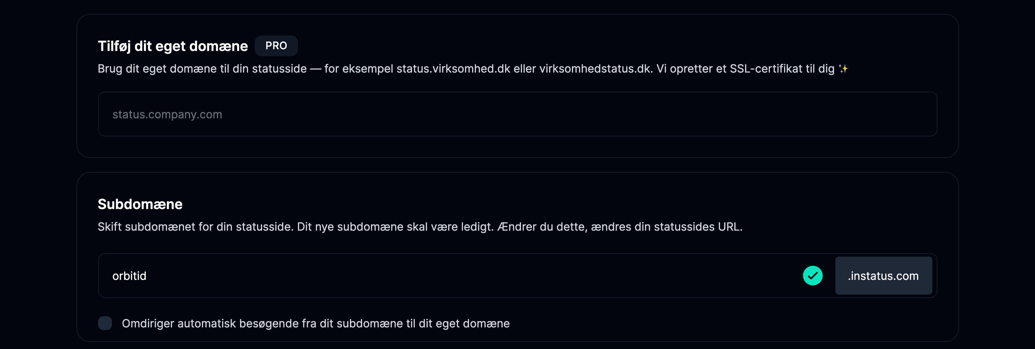 Fanen Domæner på indstillingssiden
