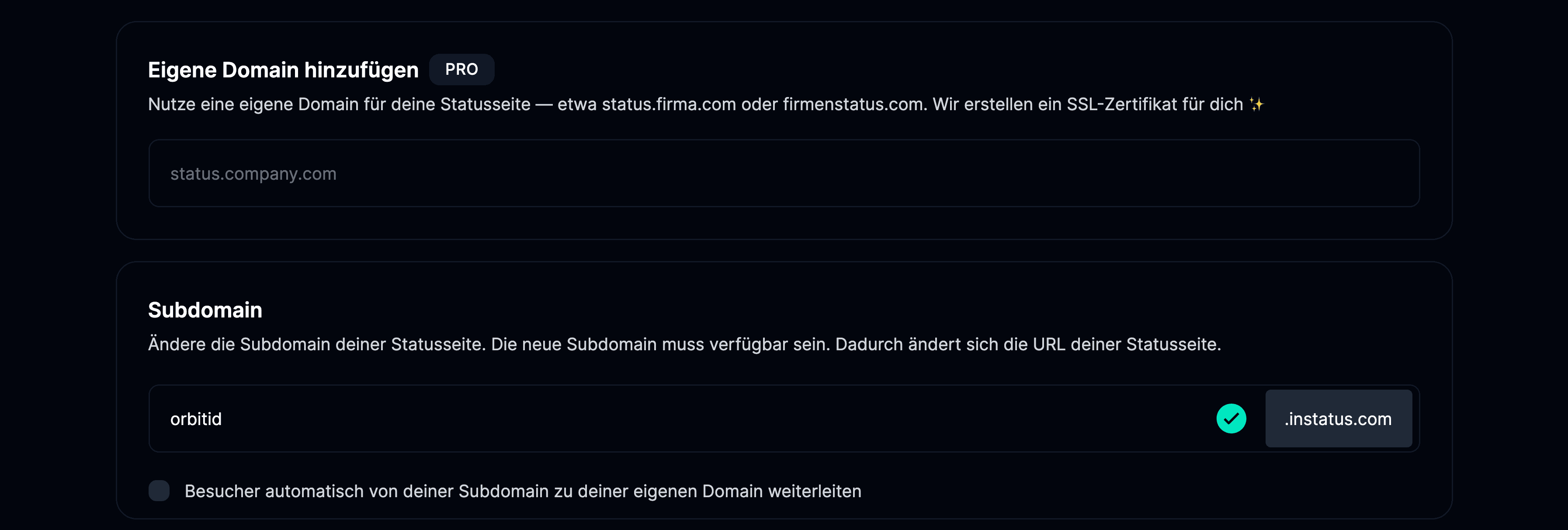 Tab „Domains“ auf der Einstellungsseite