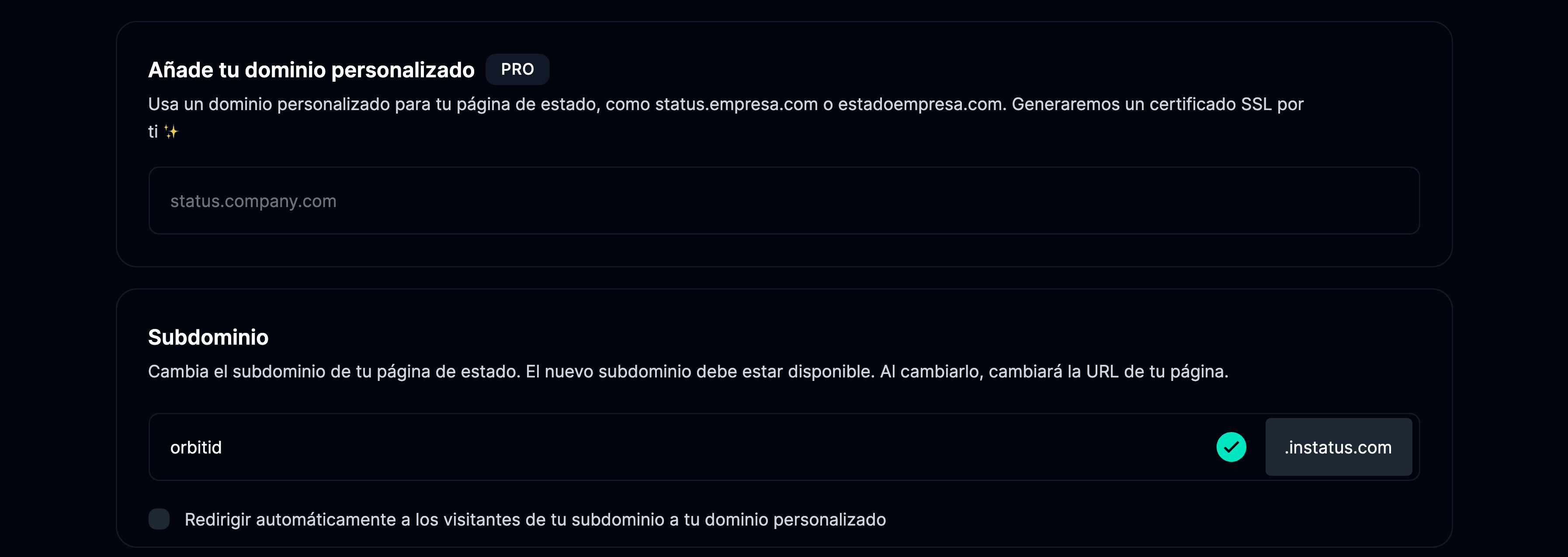 Pestaña Dominios en la página de ajustes