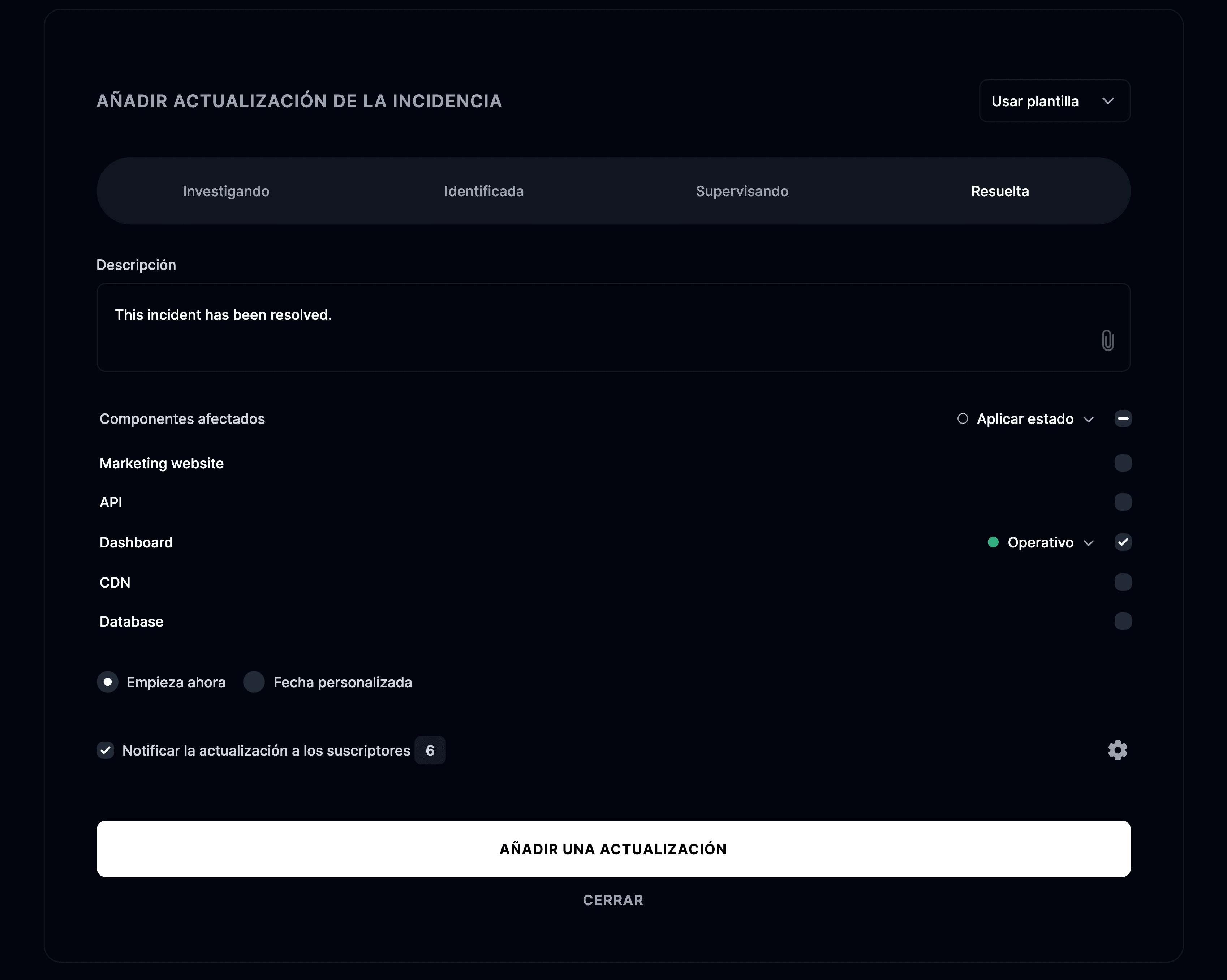Añadir una actualización nueva a la incidencia