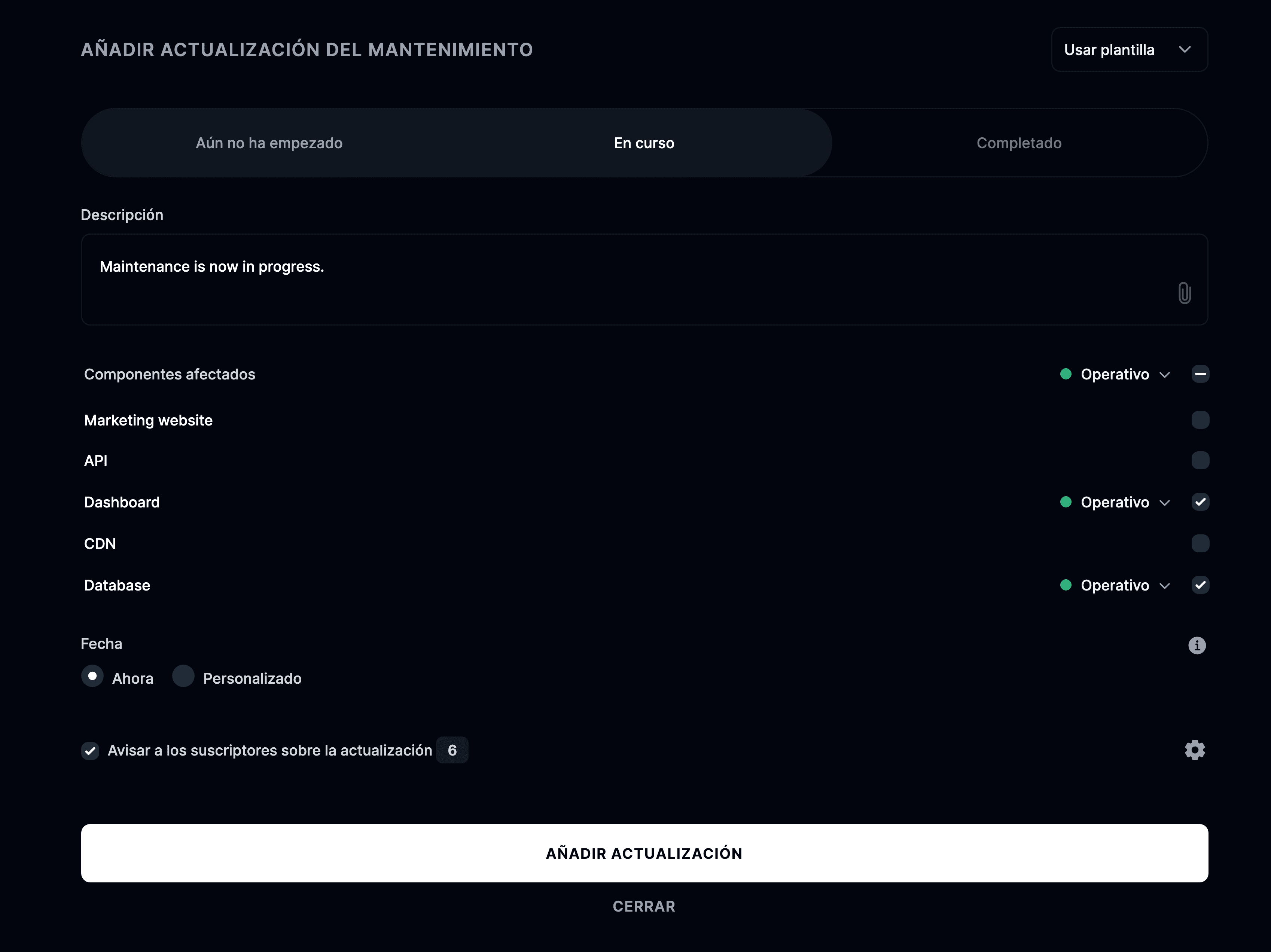 Añadir una actualización nueva del mantenimiento