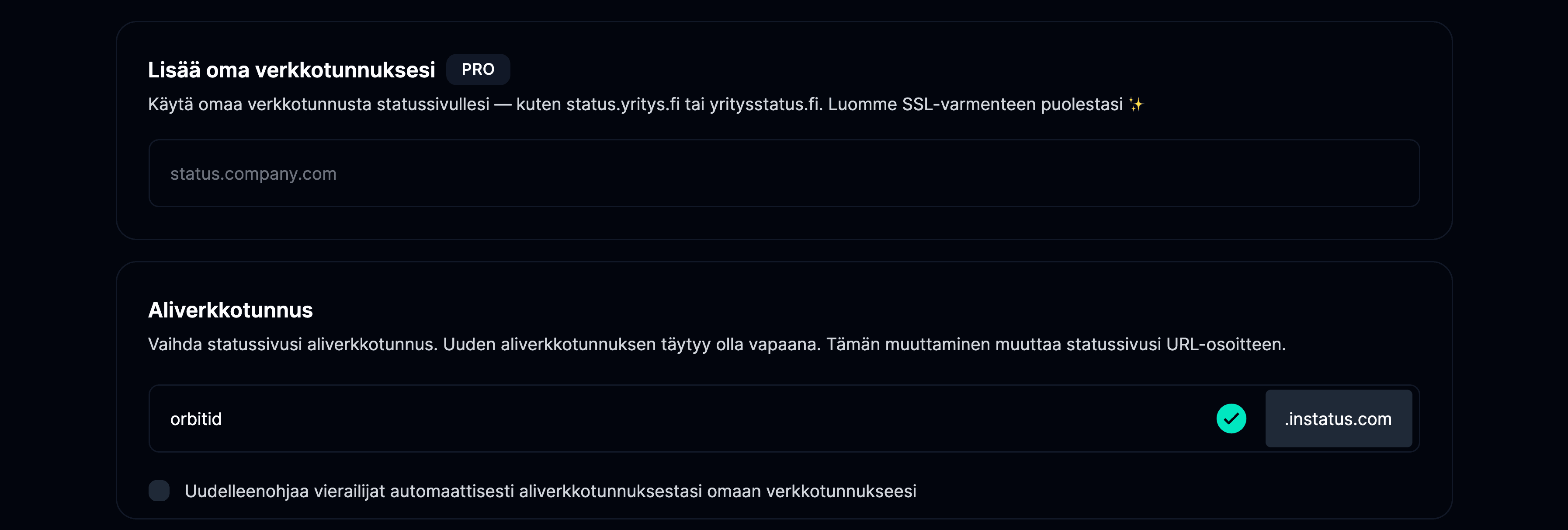 Verkkotunnukset-välilehti asetussivulla