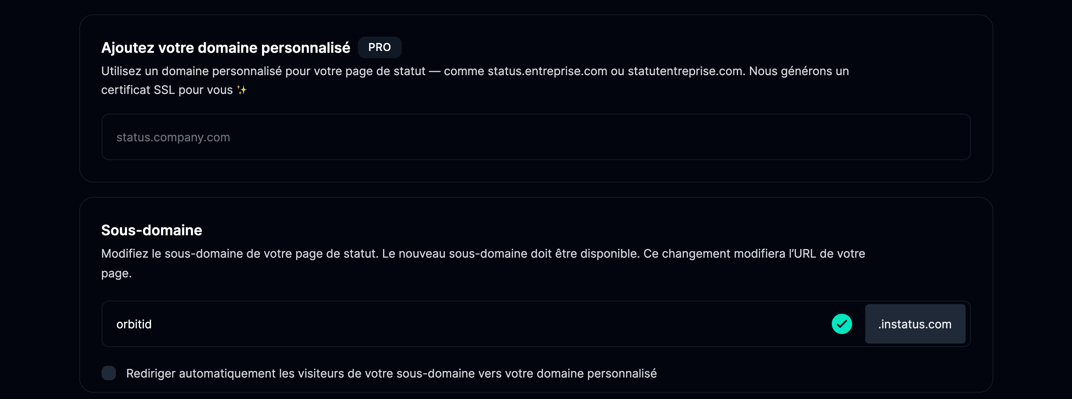 Onglet Domaines dans la page des paramètres