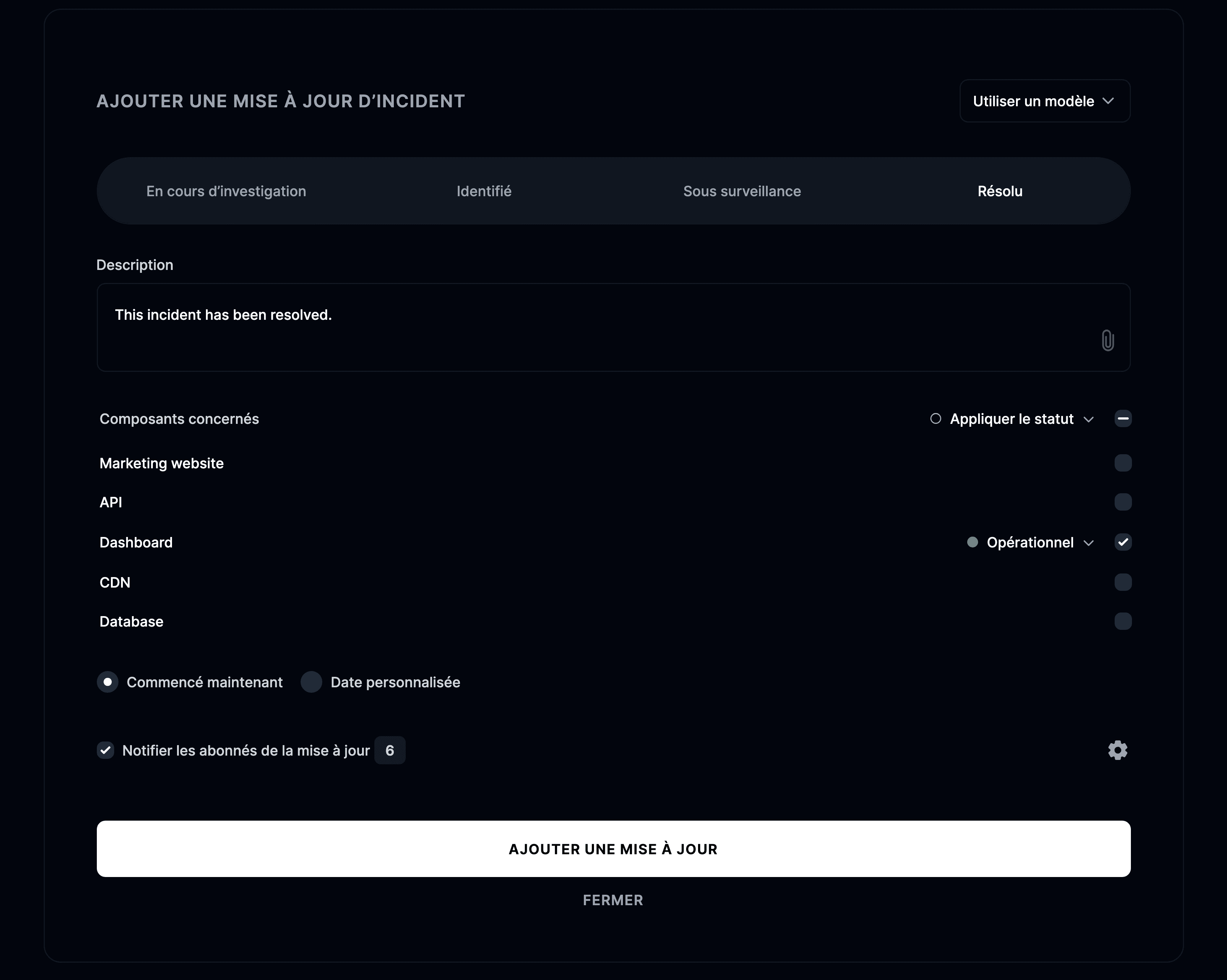 Ajouter une nouvelle mise à jour d’incident