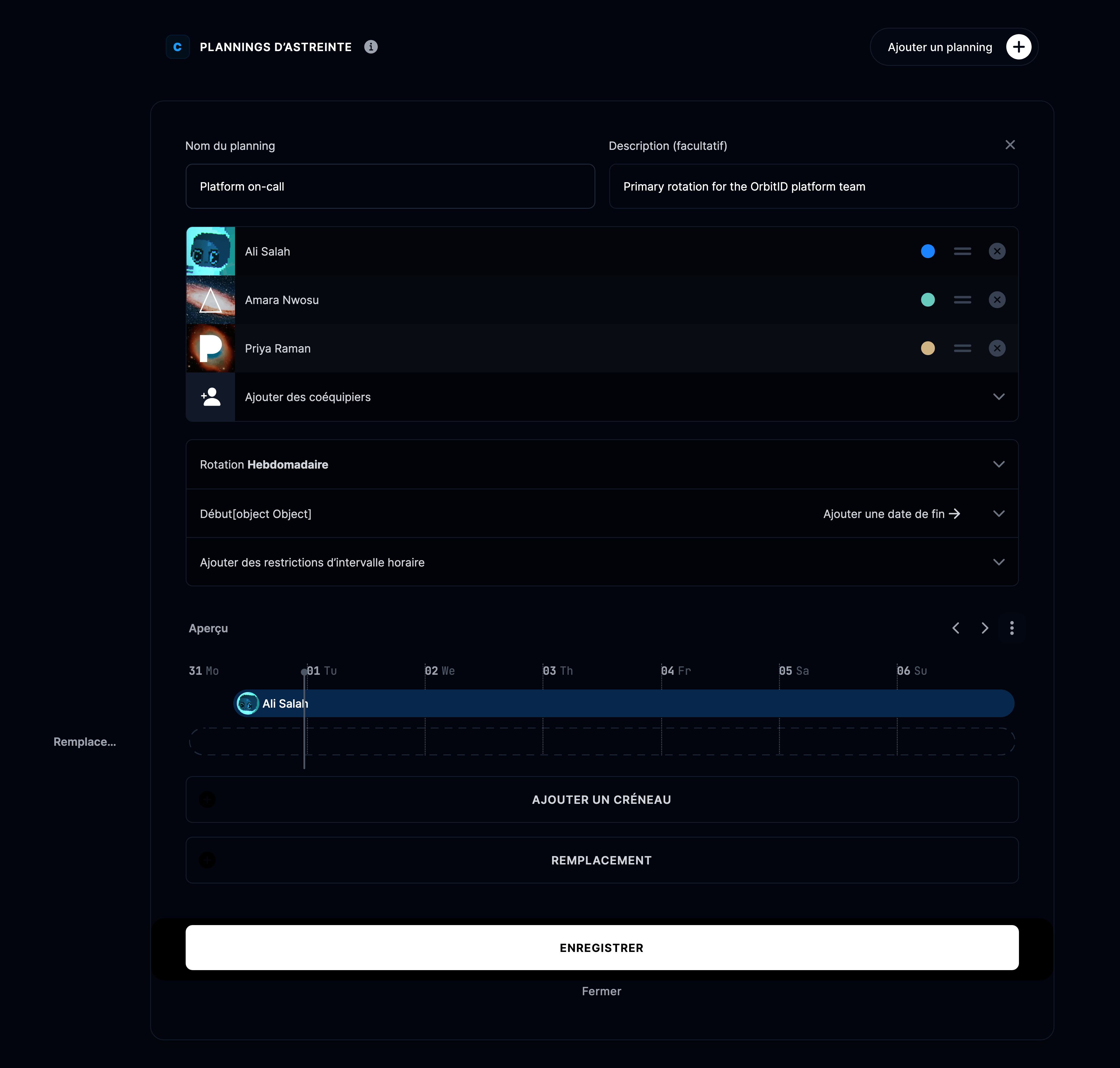 Ajouter un nouveau planning d’astreinte