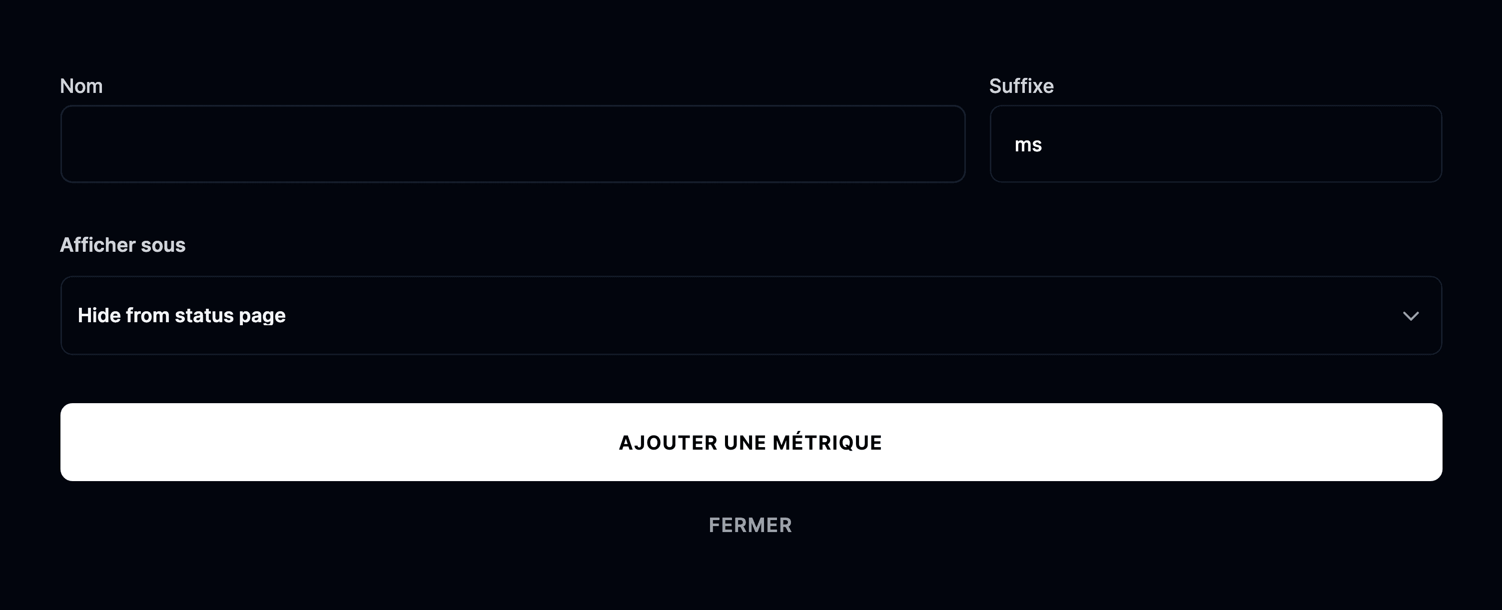 Formulaire d’ajout de métrique