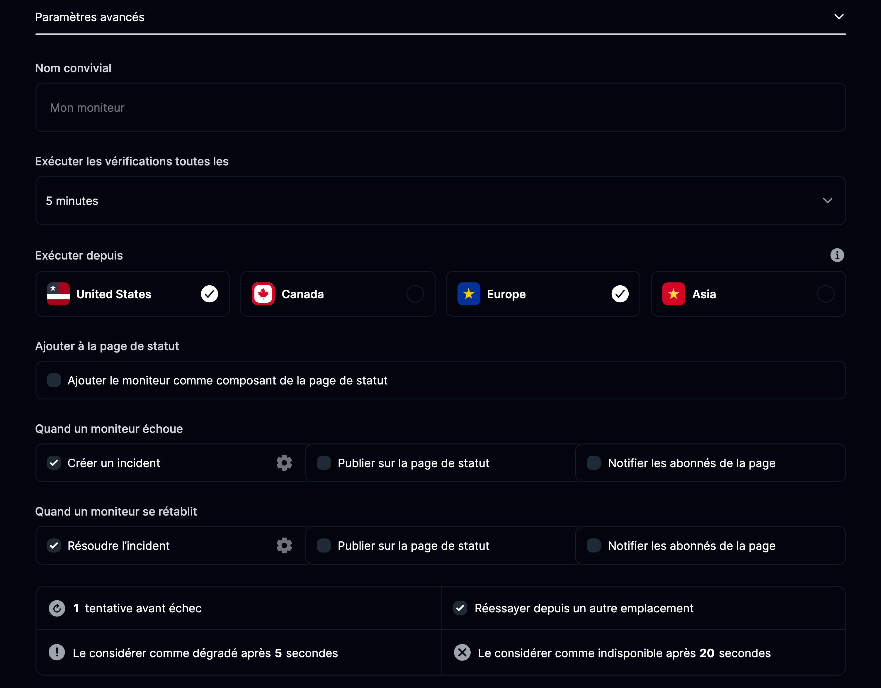 Paramètres avancés du moniteur