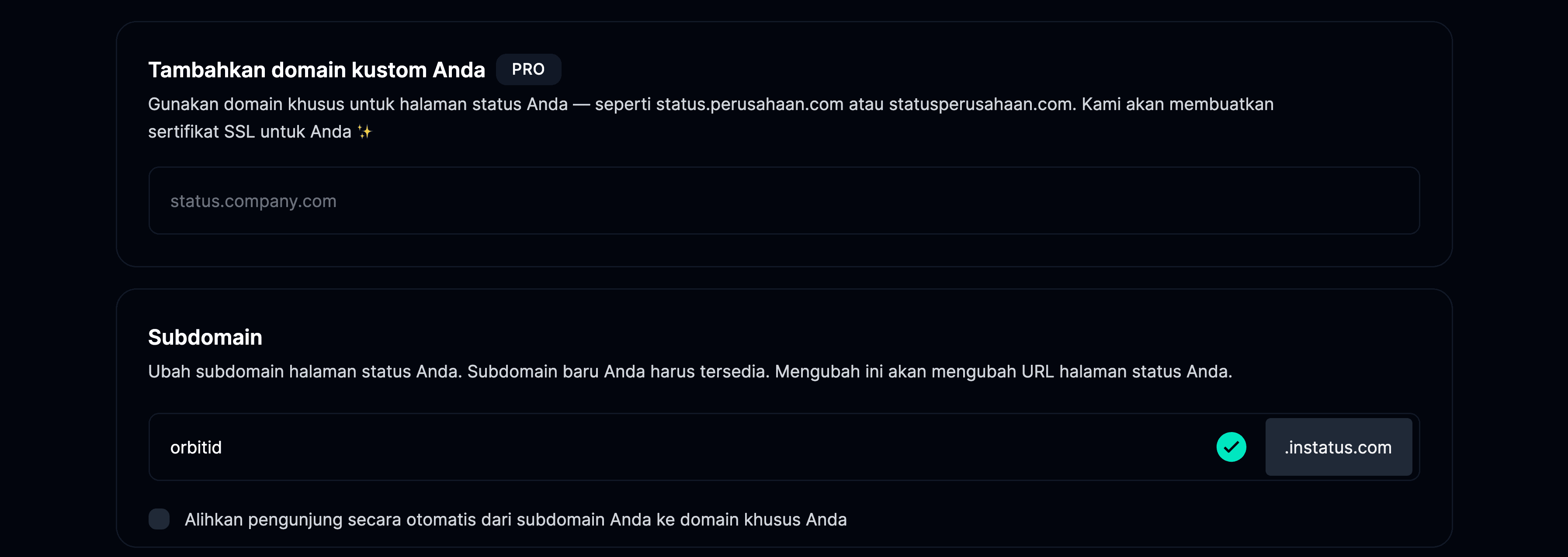 Tab Domains di halaman pengaturan
