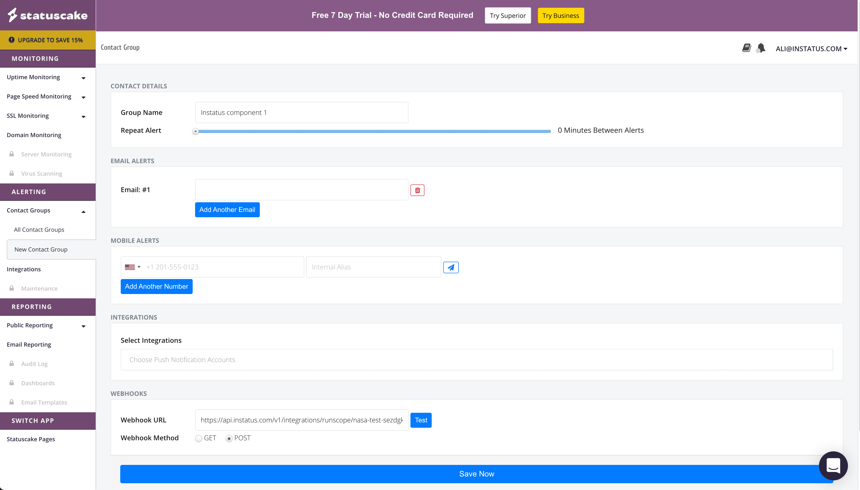 StatusCake dashboard