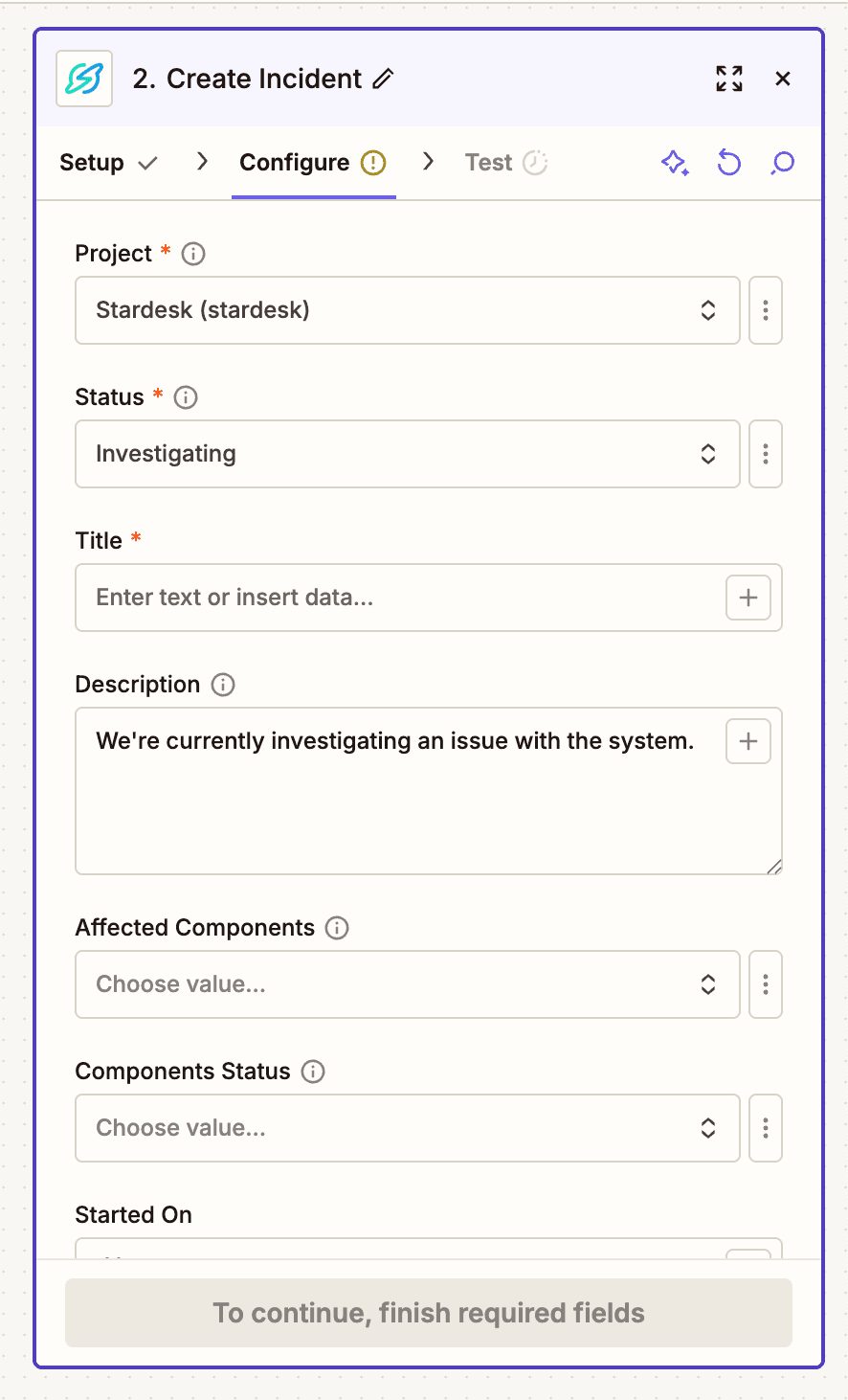 Zapier action configuration