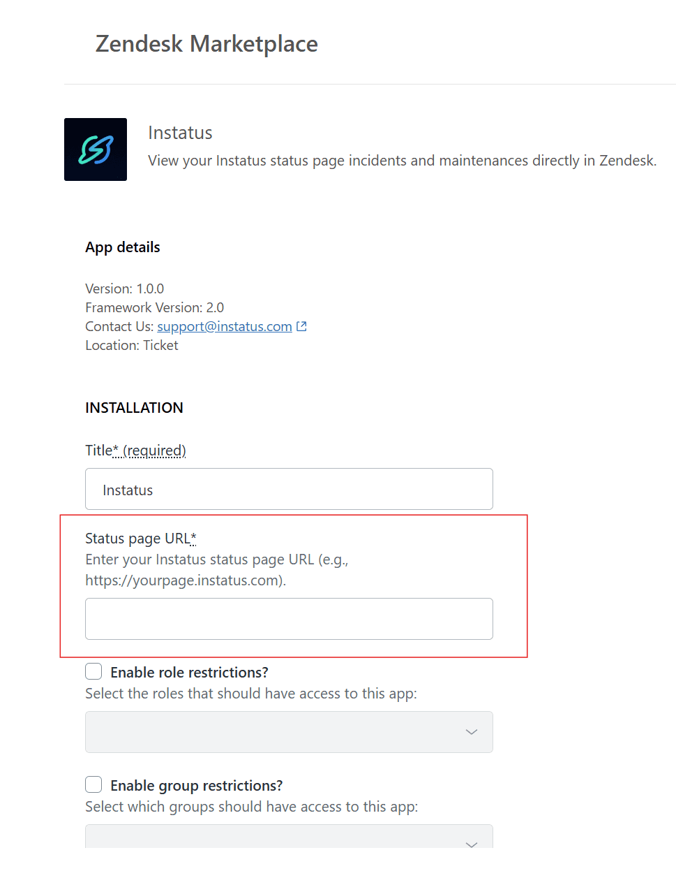 Instalační stránka aplikace Instatus na Zendesk Marketplace s polem pro URL stavové stránky