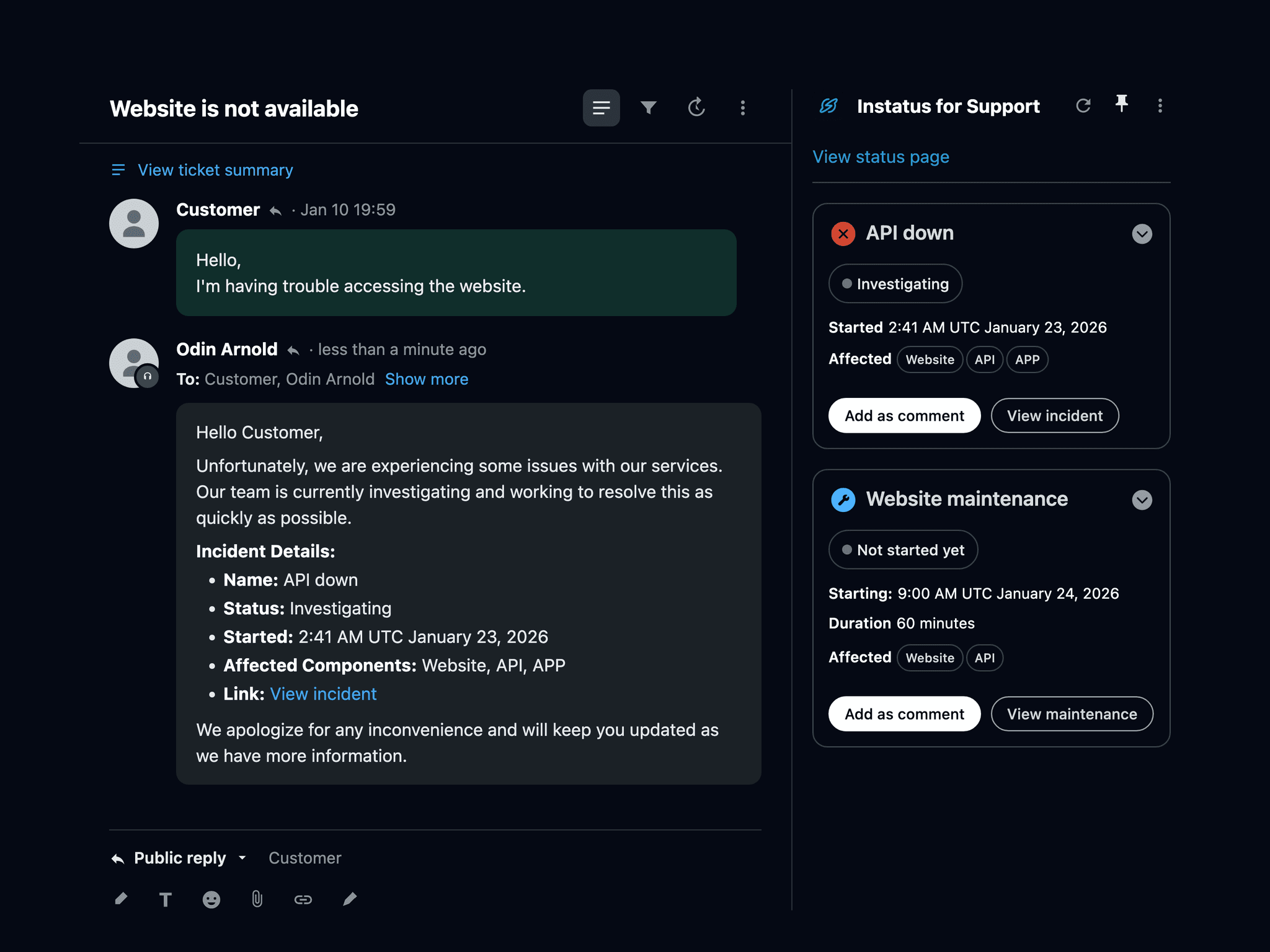 Zendesk ticket view showing Instatus app sidebar with current incidents and maintenances displayed