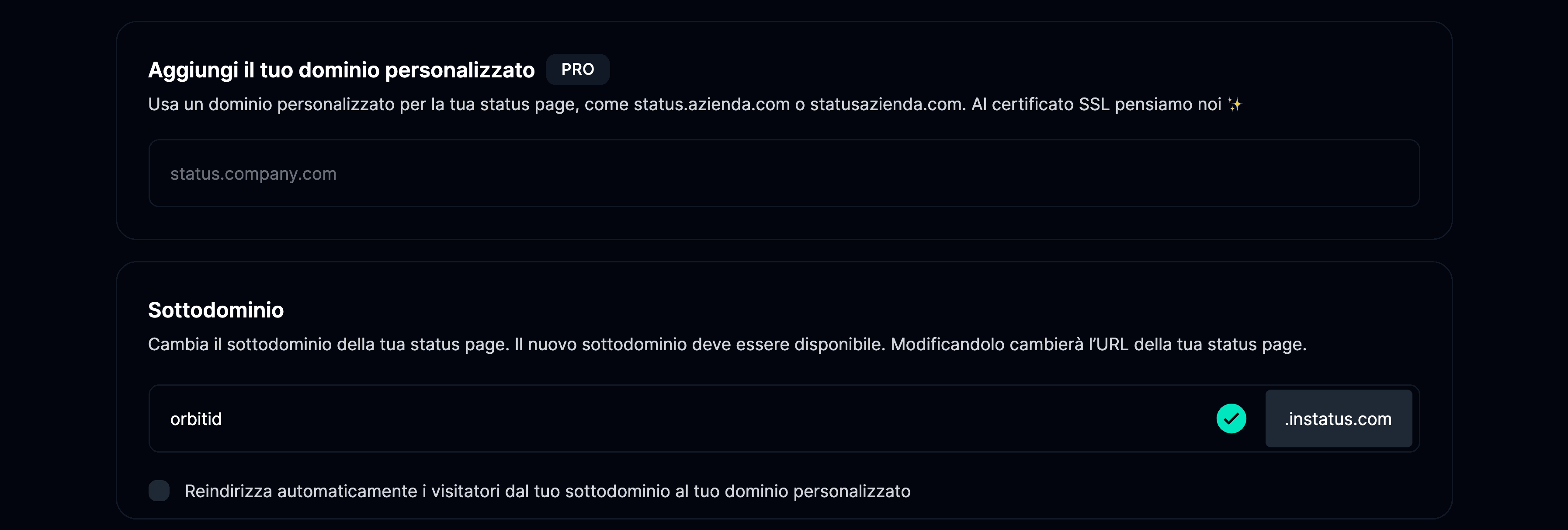 Scheda Domini nella pagina delle impostazioni