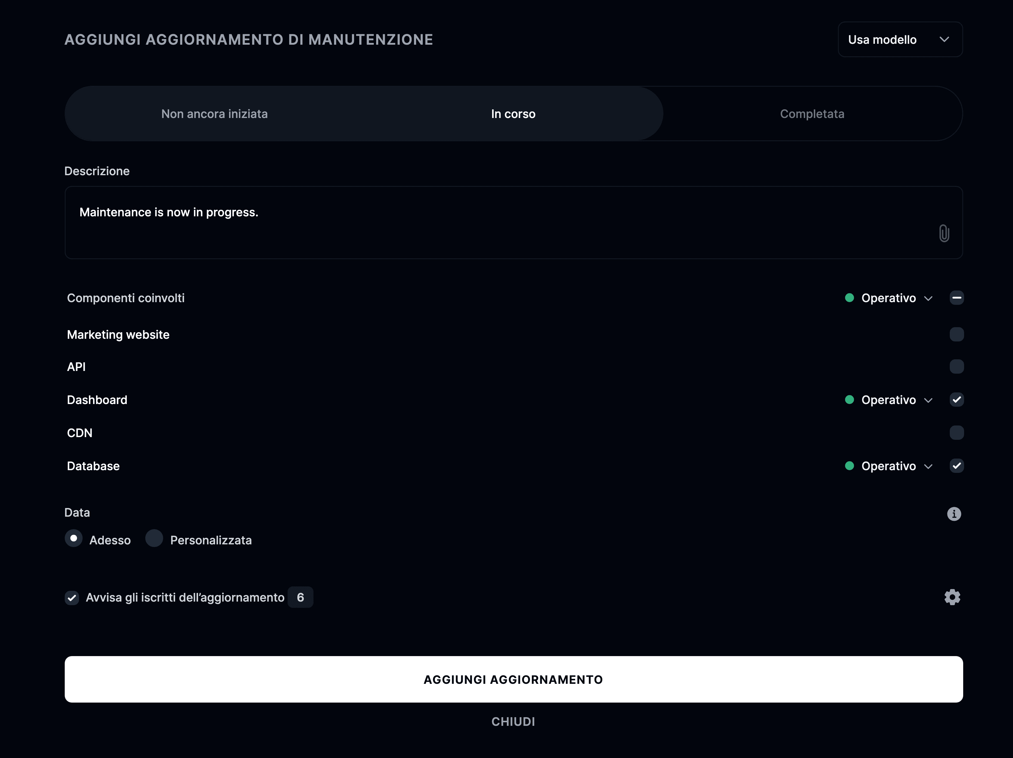 Aggiungi un nuovo aggiornamento di manutenzione