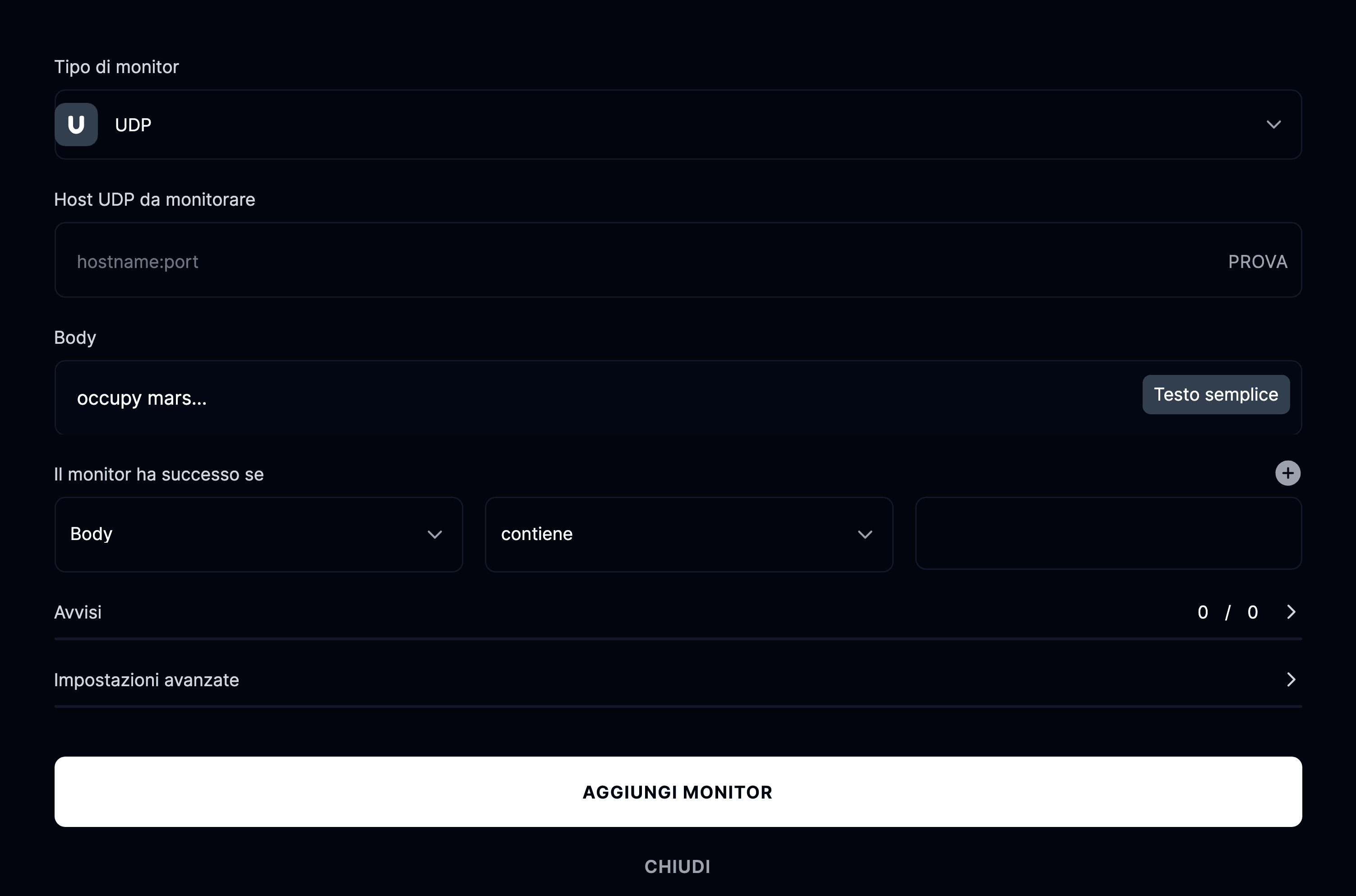 Aggiungi monitor UDP