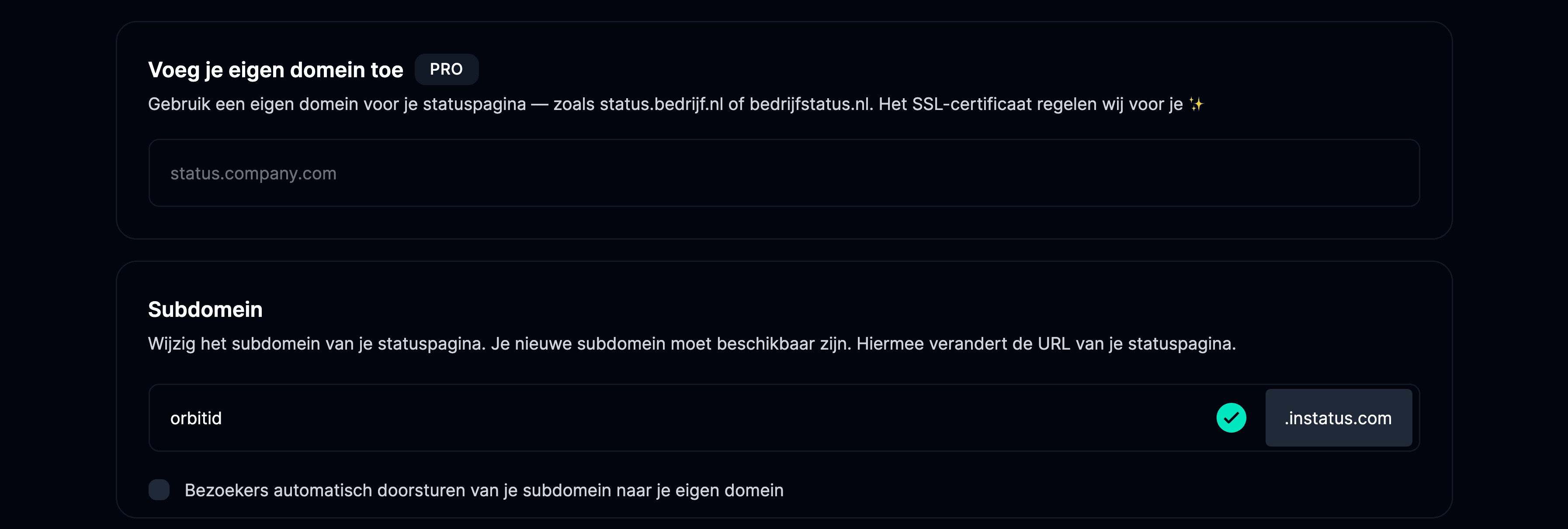 Tabblad Domeinen op de instellingenpagina