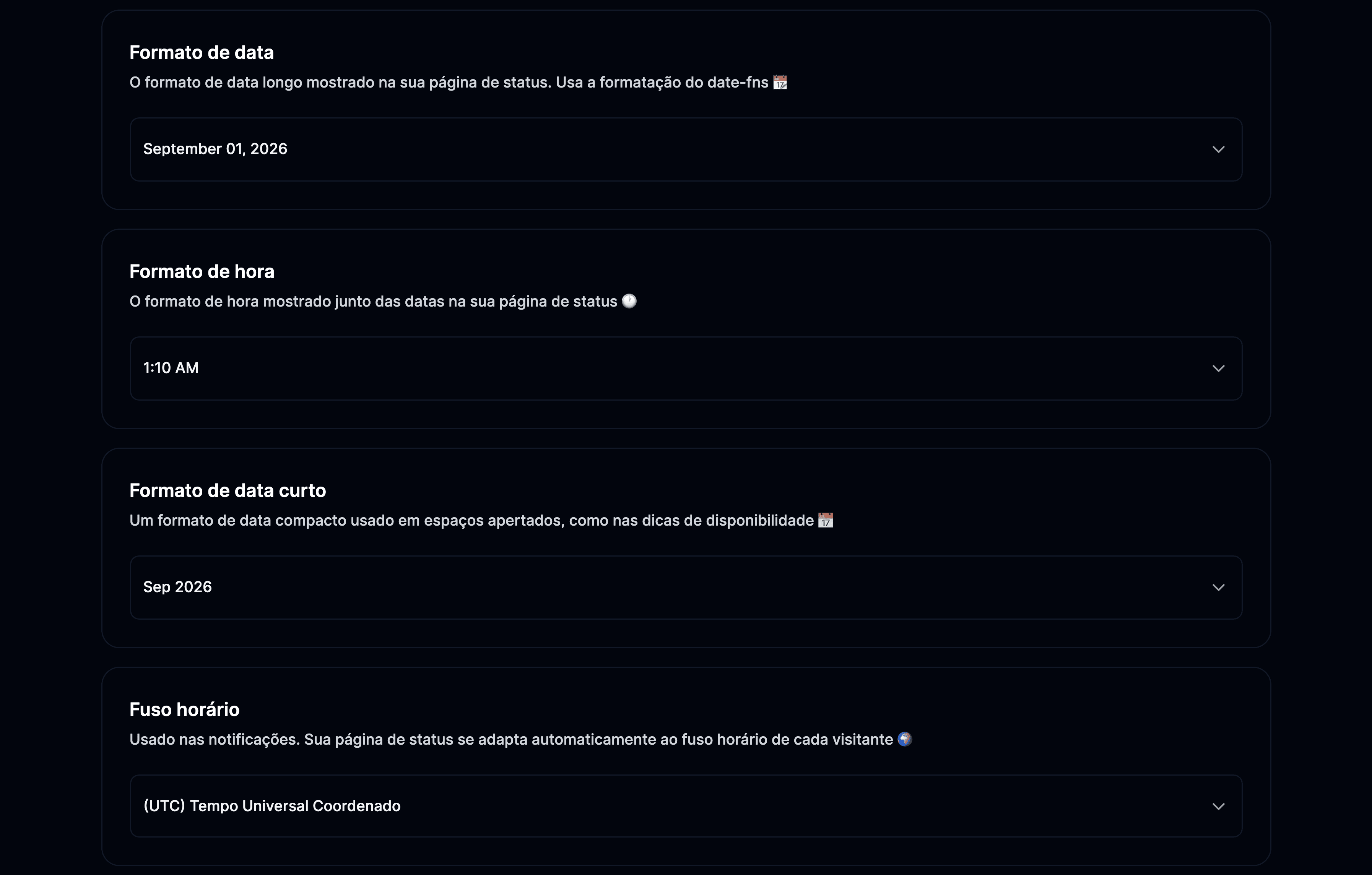 Configurações de formato de data e hora