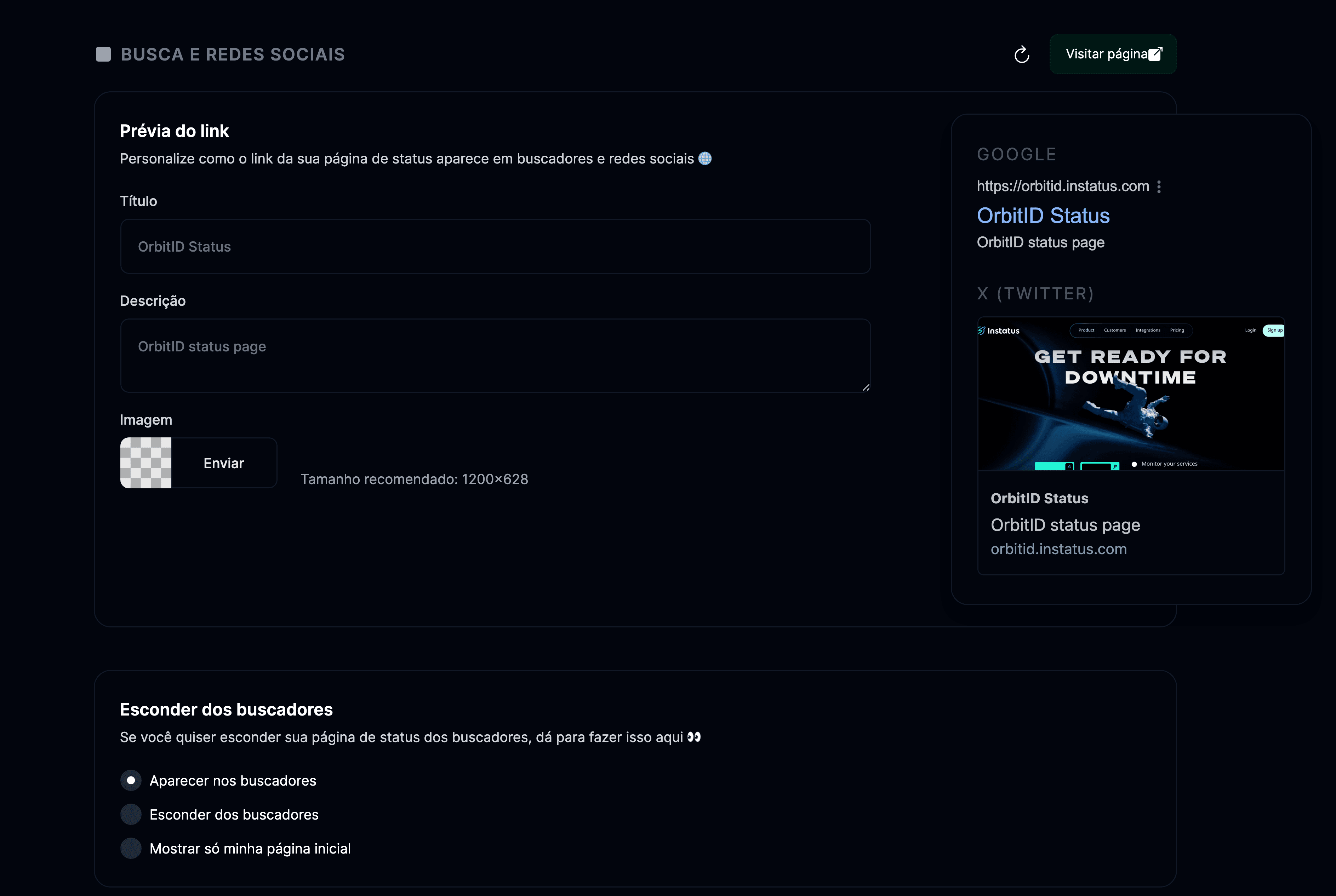 Configurações de busca e redes sociais
