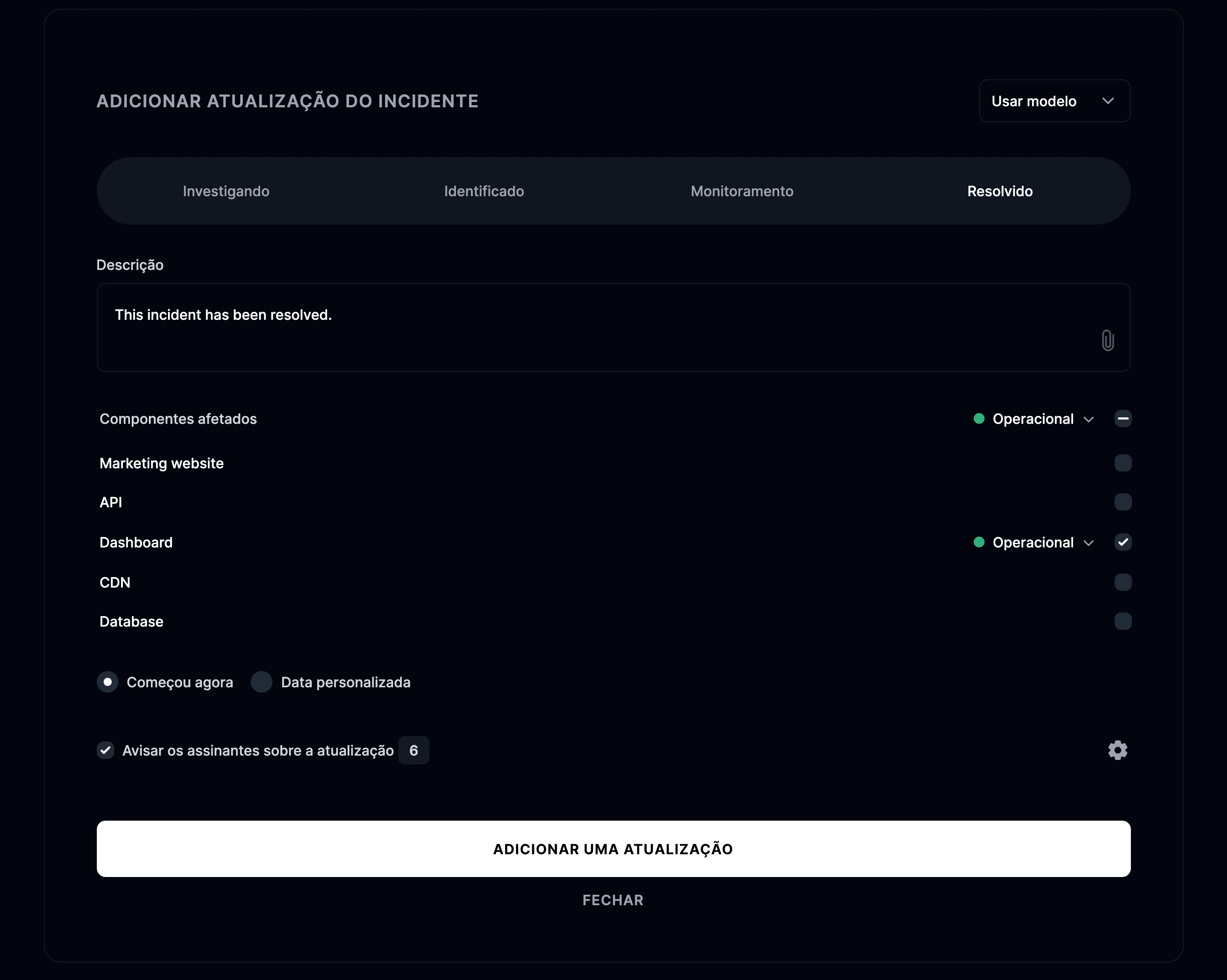 Adicionar uma nova atualização de incidente
