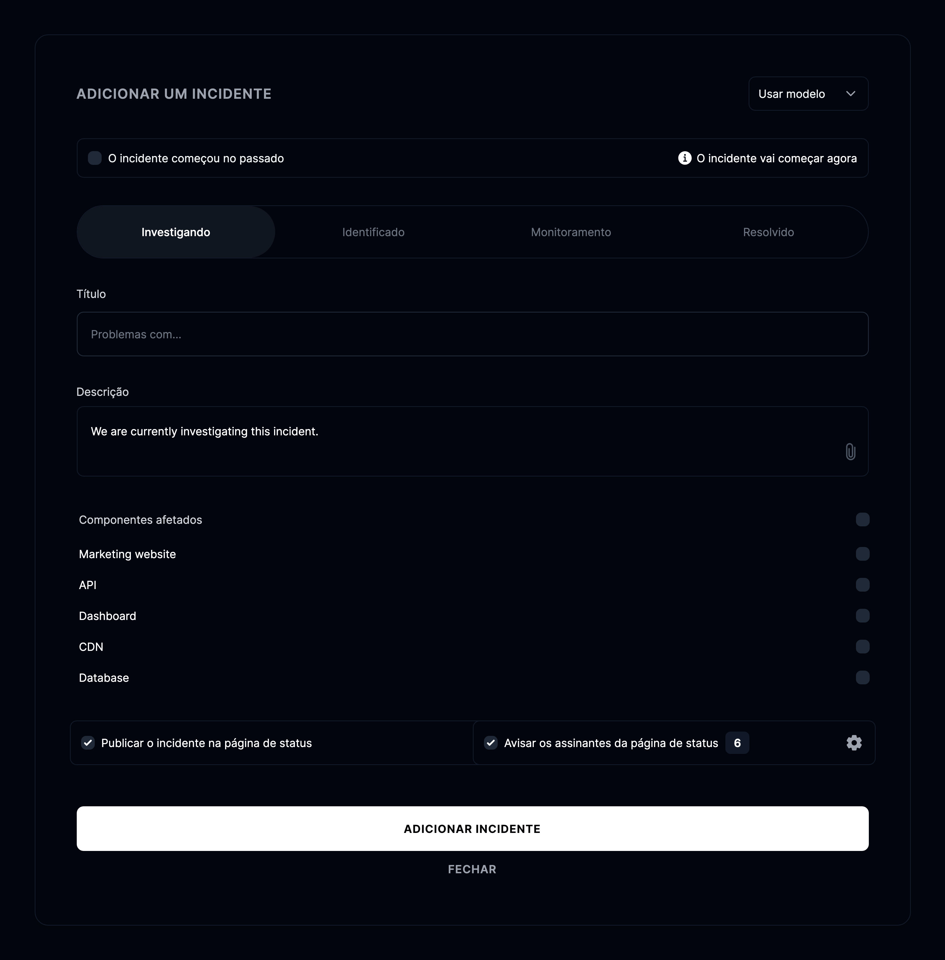 Adicionar um novo incidente