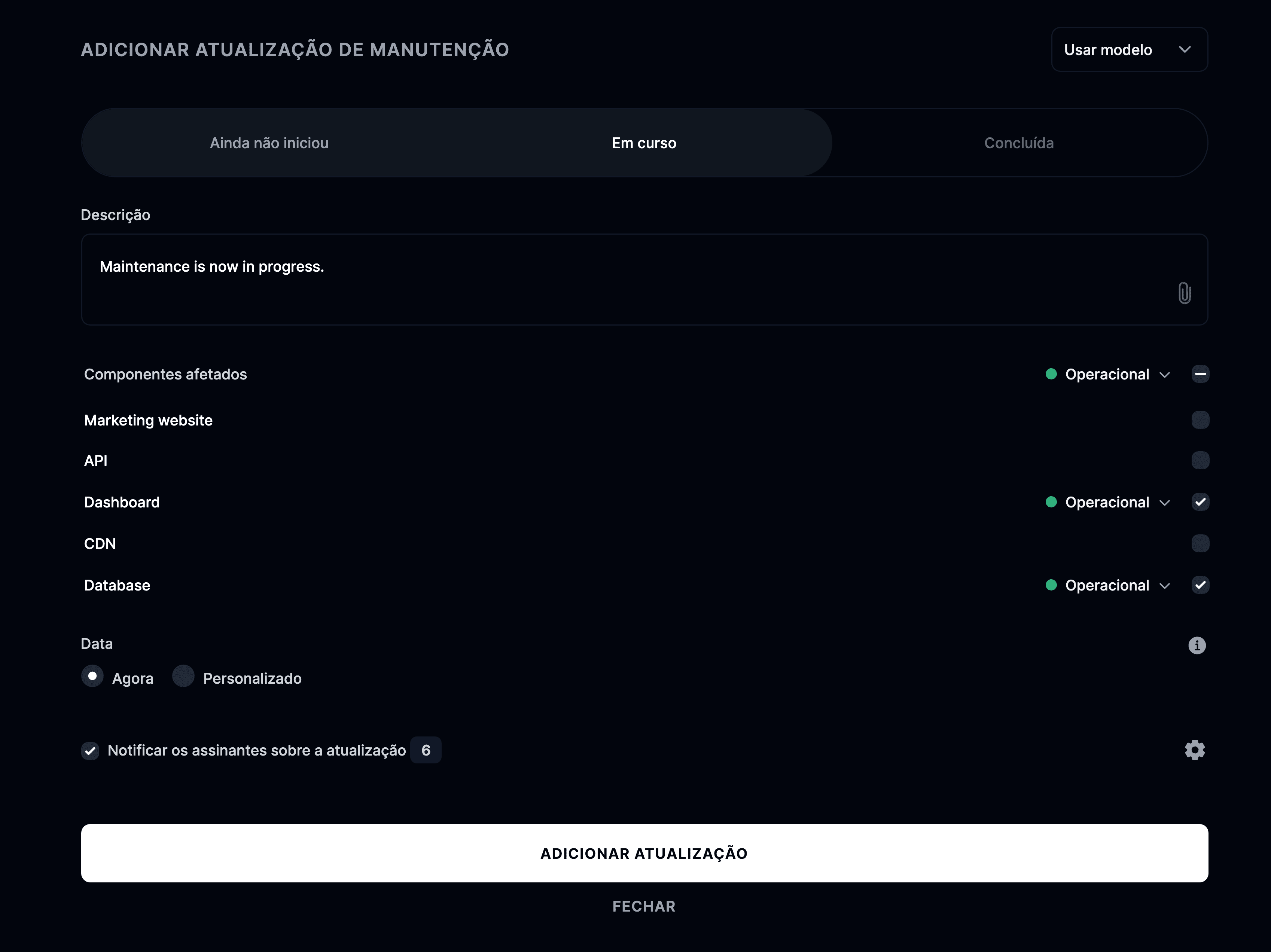 Adicionar uma nova atualização de manutenção