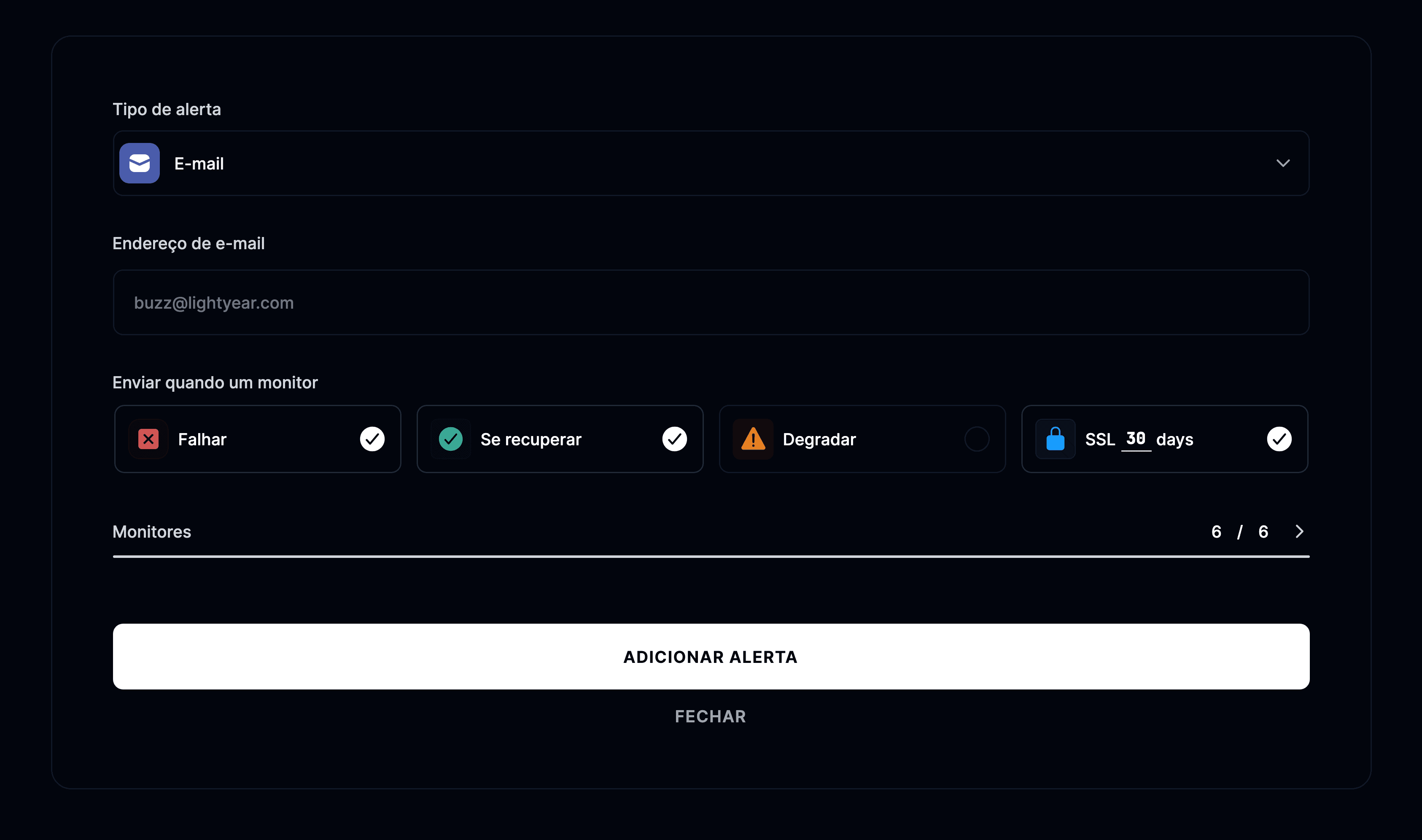 Configurações de alerta