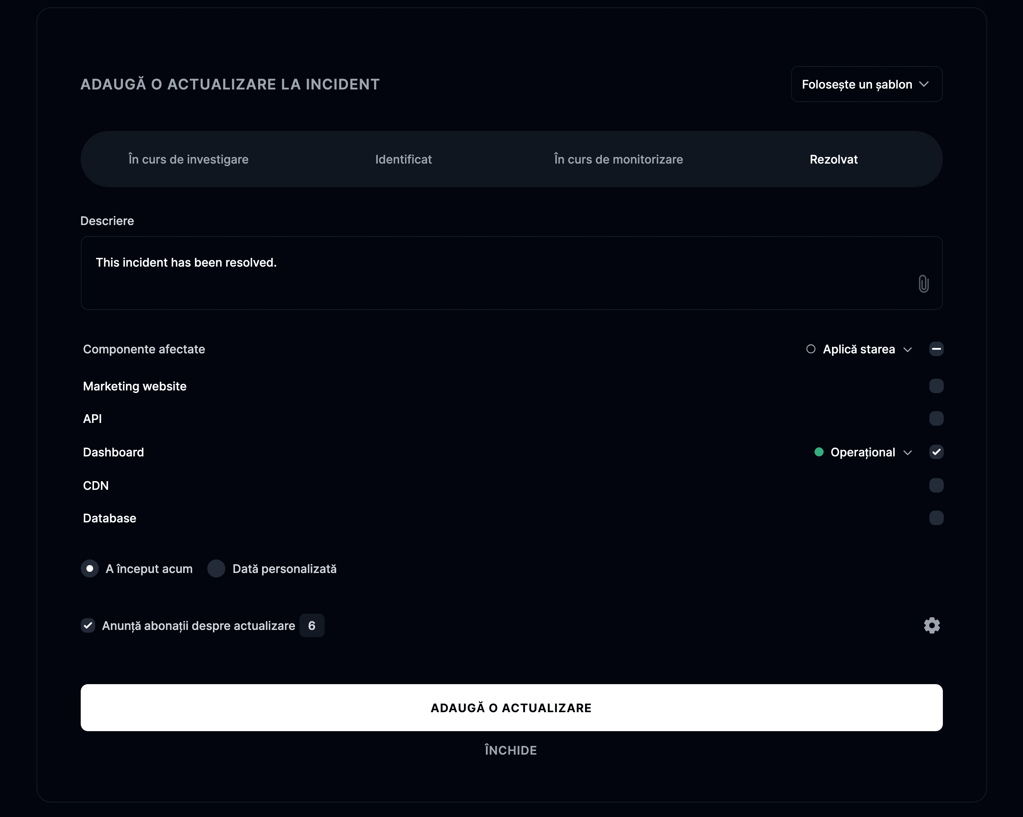 Adaugă o actualizare nouă la incident