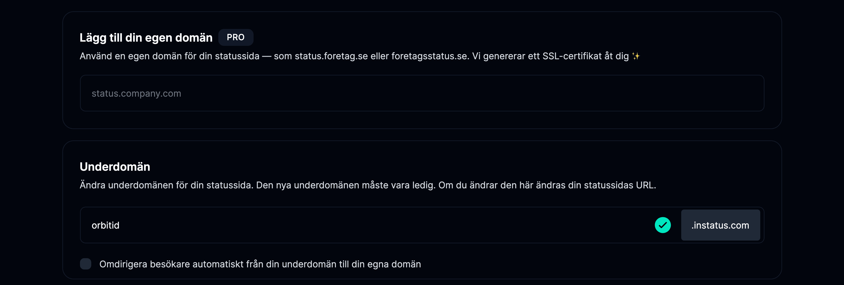 Fliken Domäner på inställningssidan