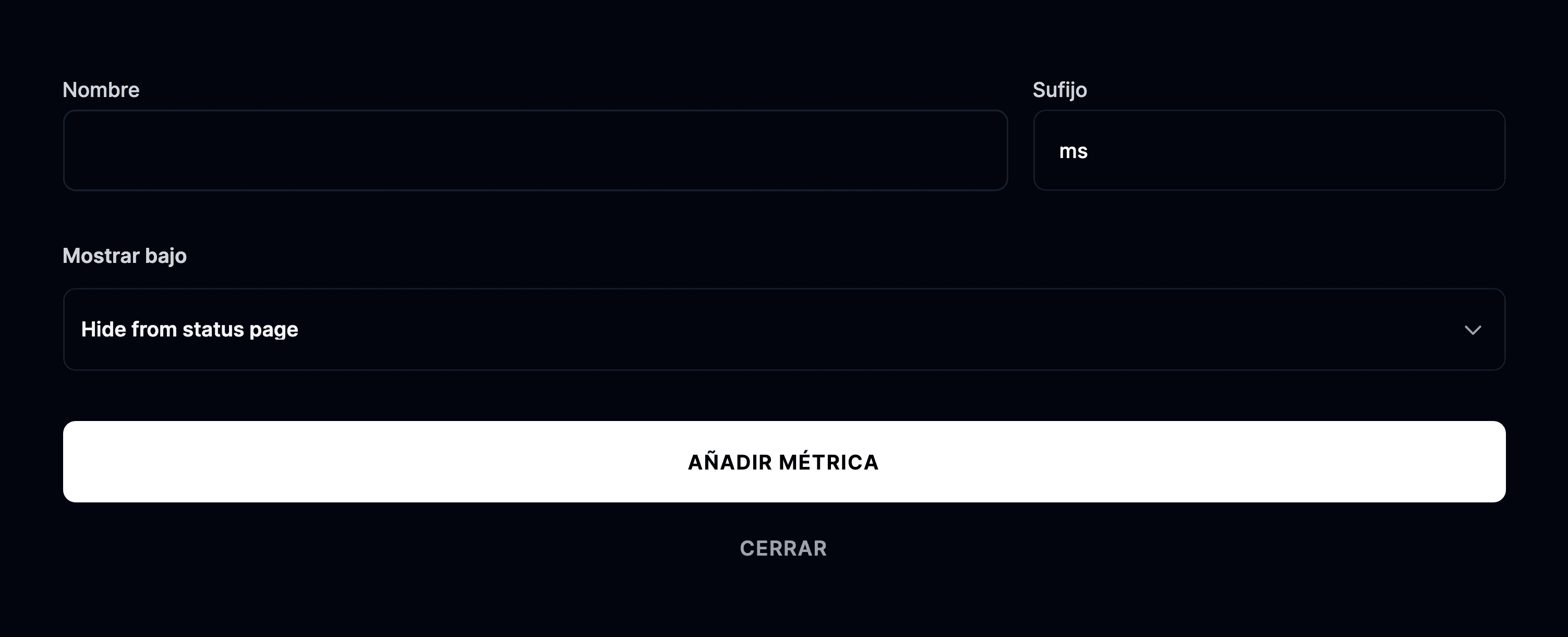 Formulario para añadir una métrica
