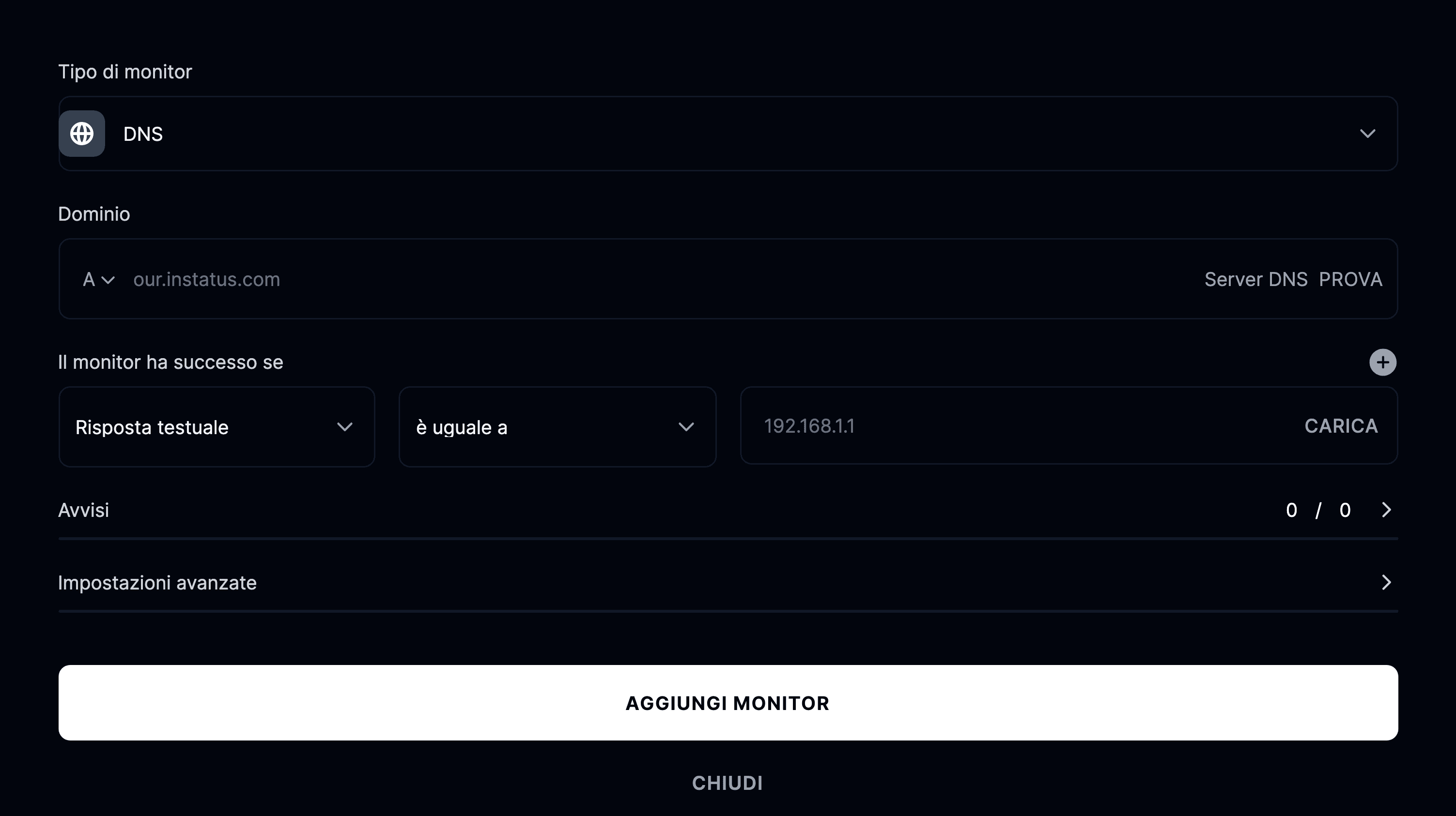 Aggiungi monitor DNS