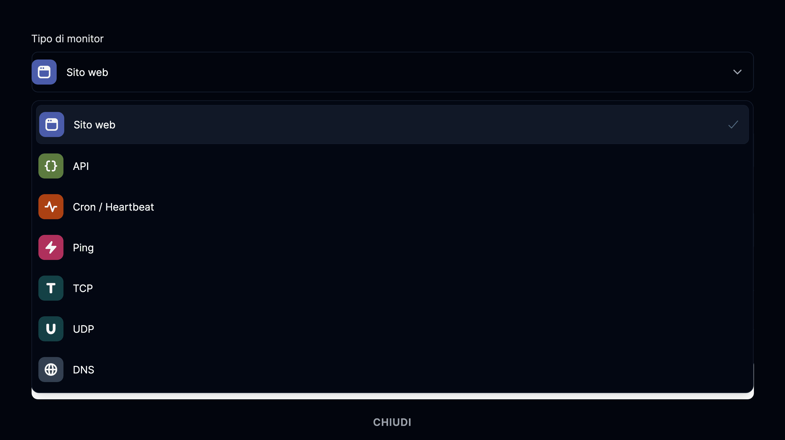 Monitor di tipo sito web selezionato