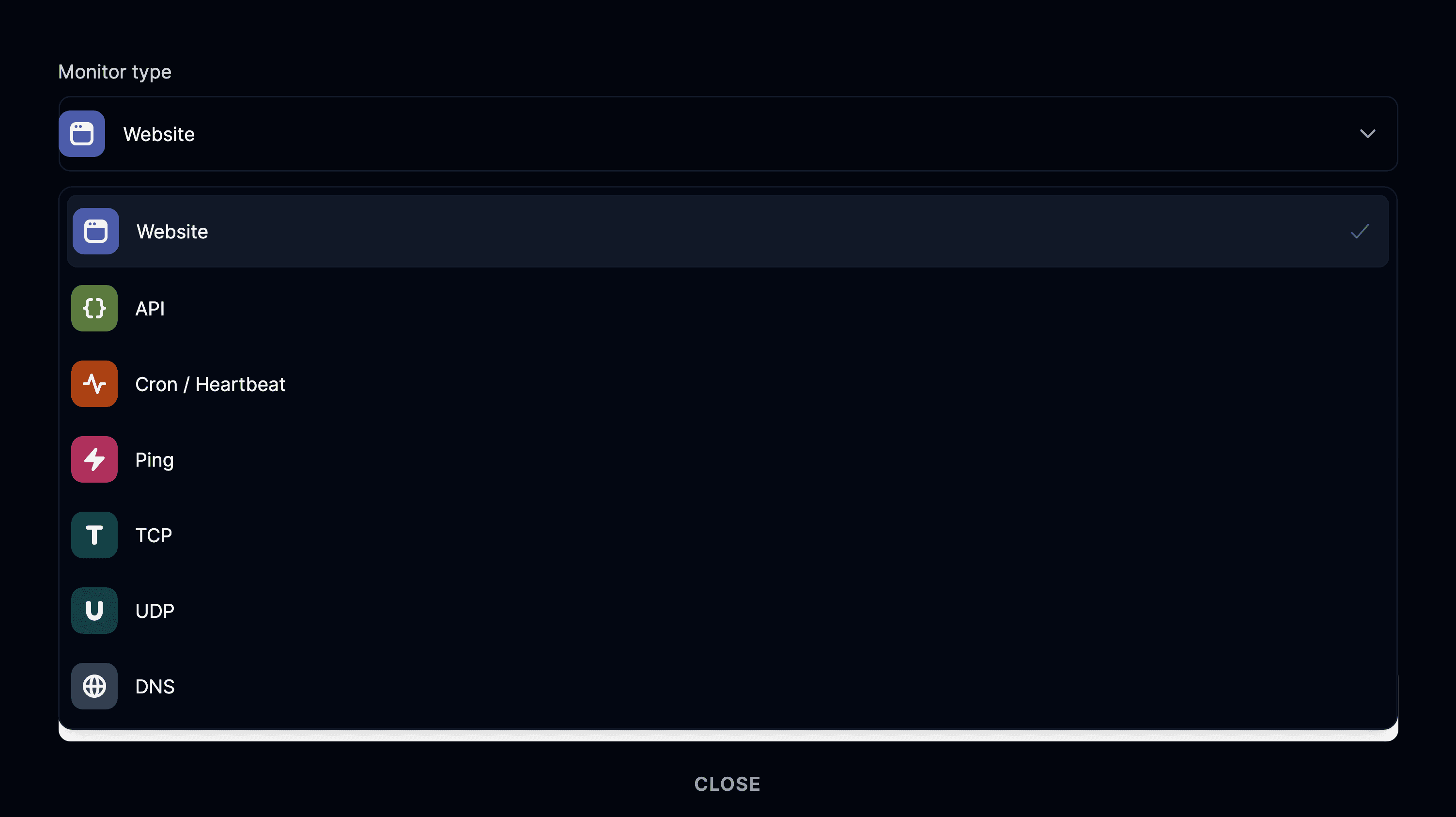 Monitor of type website selected