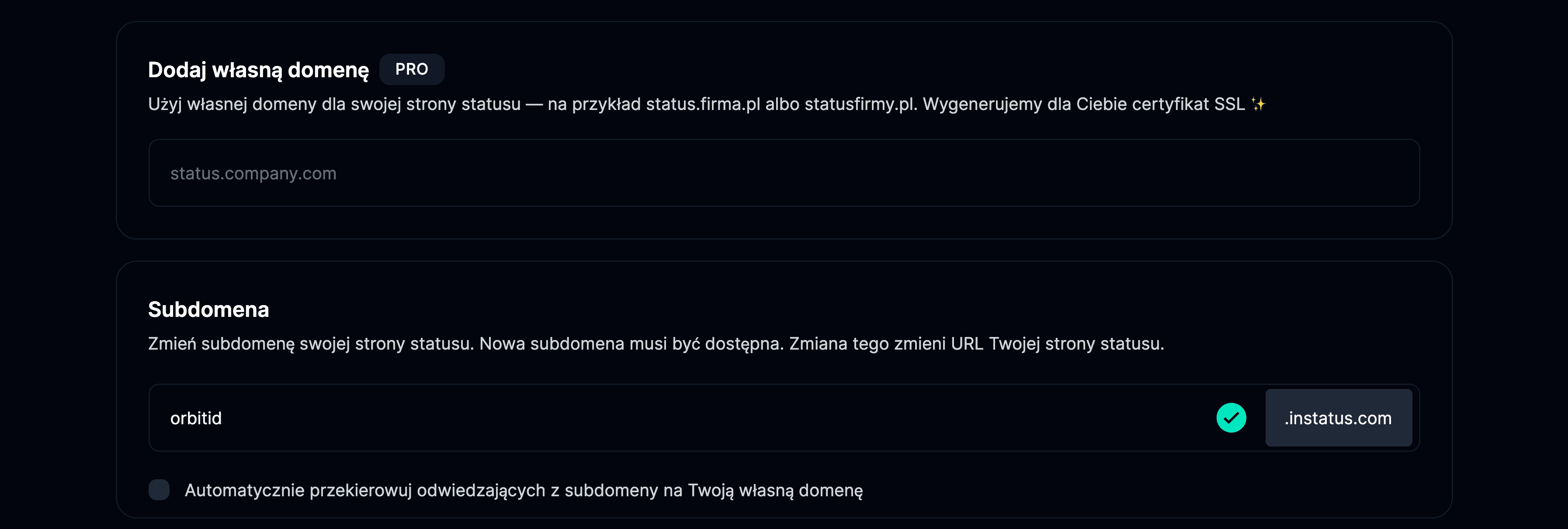 Zakładka domen na stronie ustawień