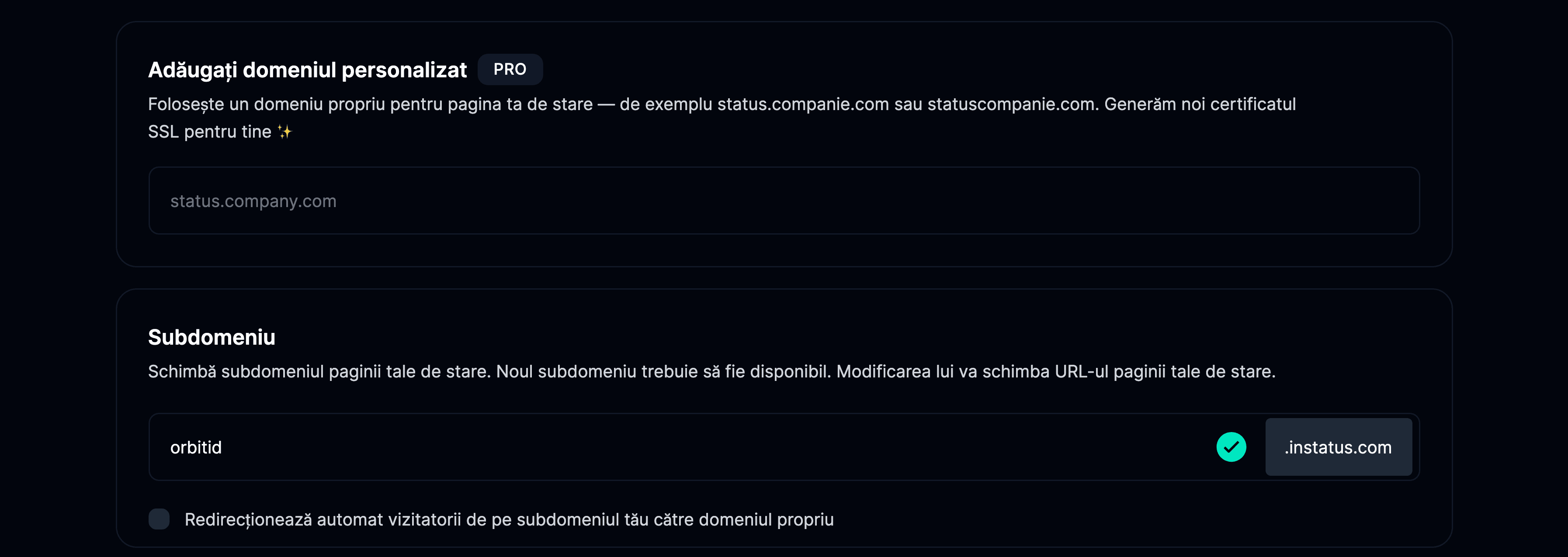 Fila Domains din pagina de setări