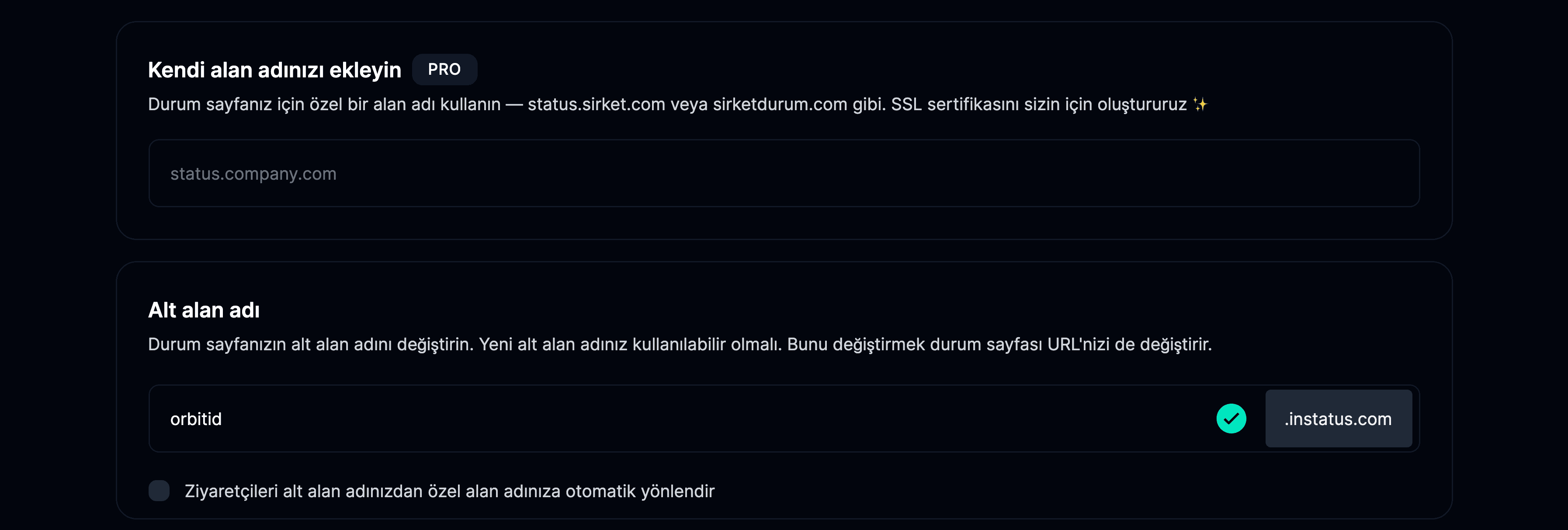 Ayarlar sayfasındaki Alan adları sekmesi